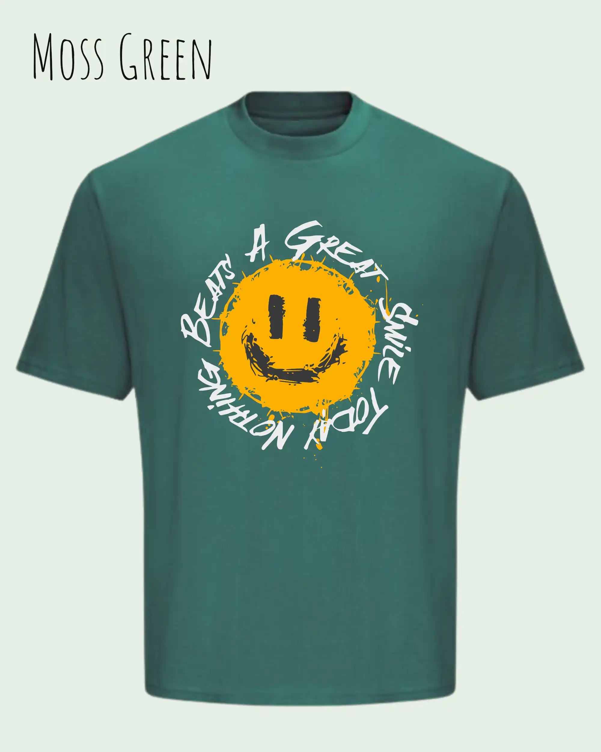 das bild zeigt das oversized heavyweight t-shirt awdis 240 t in der farbe moss green mit dem design nothing beats a great smile today.
