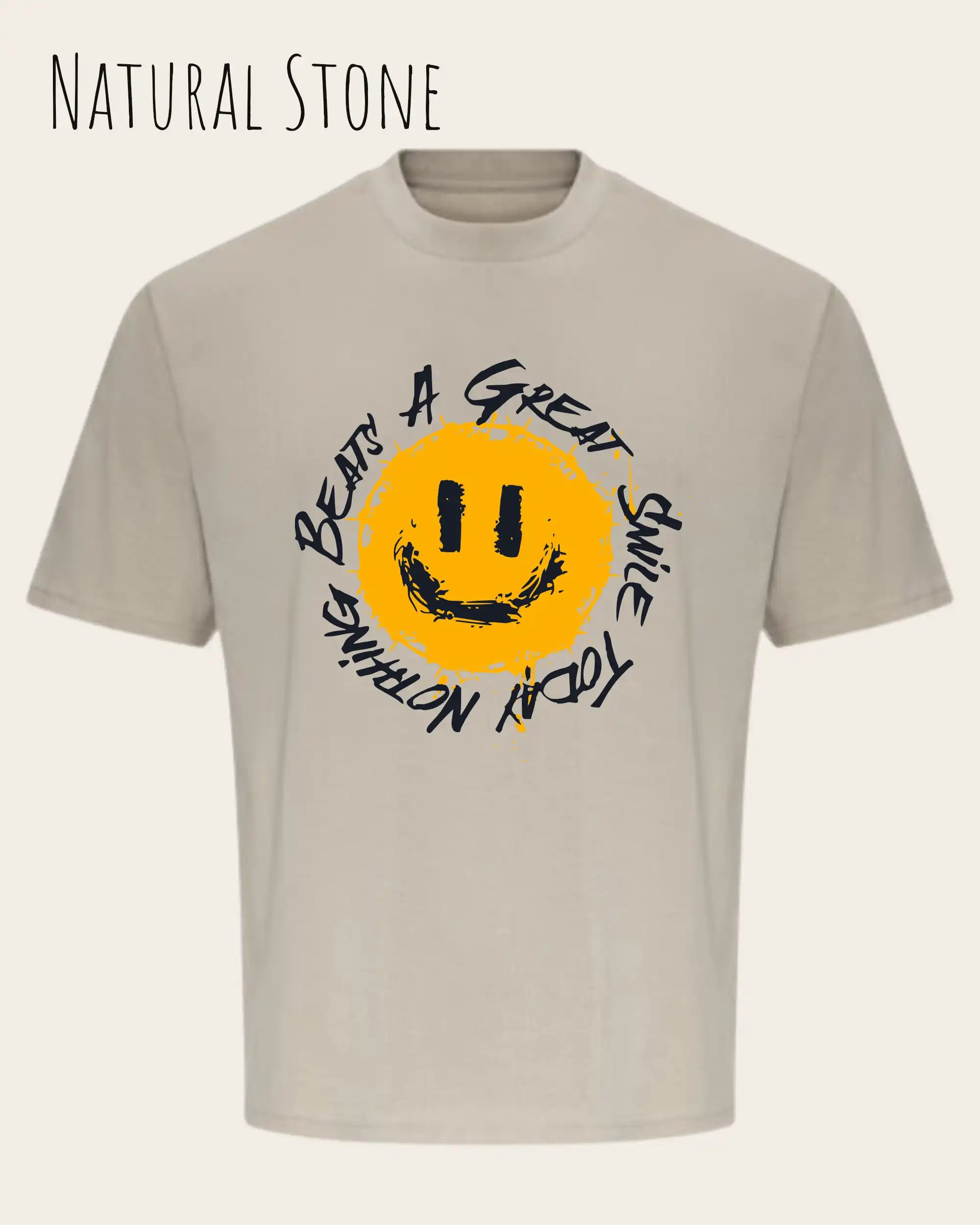 das bild zeigt das oversized heavyweight t-shirt awdis 240 t in der farbe natural stone mit dem design nothing beats a great smile today.