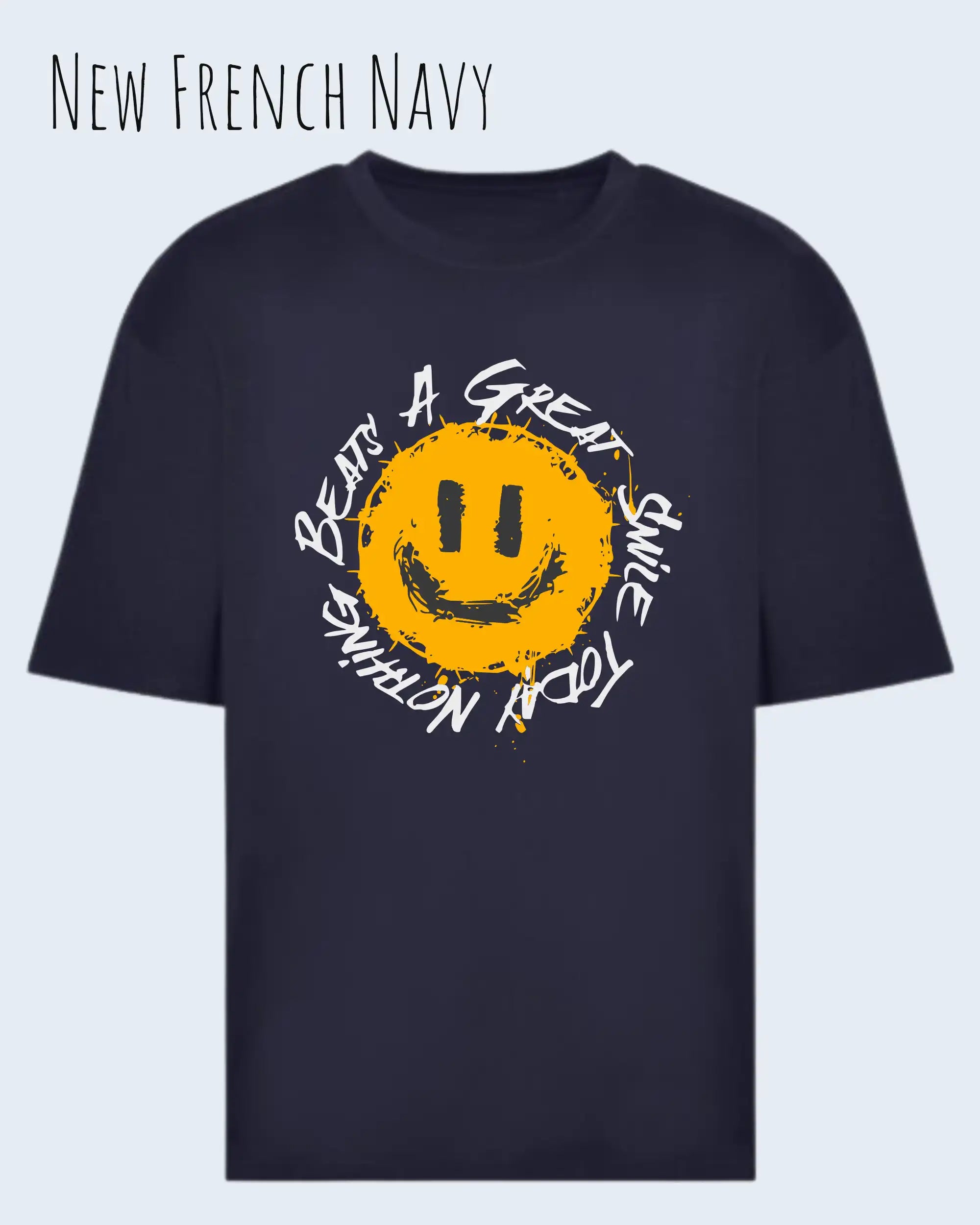 das bild zeigt das oversized heavyweight t-shirt awdis 240 t in der farbe new French navy mit dem design nothing beats a great smile today.