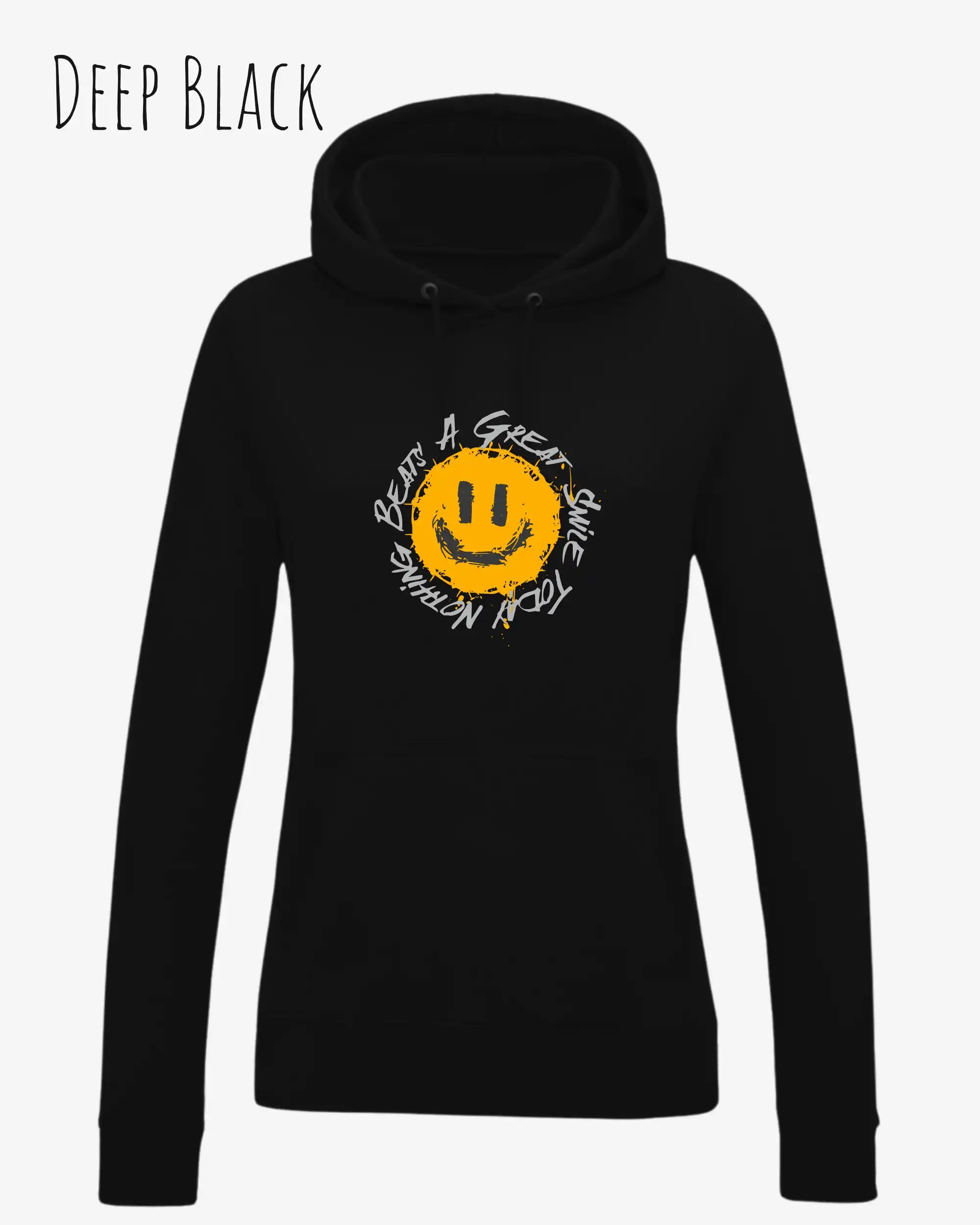 Das Bild zeigt den femininen Hoodie JH001F in deep black  mit dem Design nothing beats a great smile