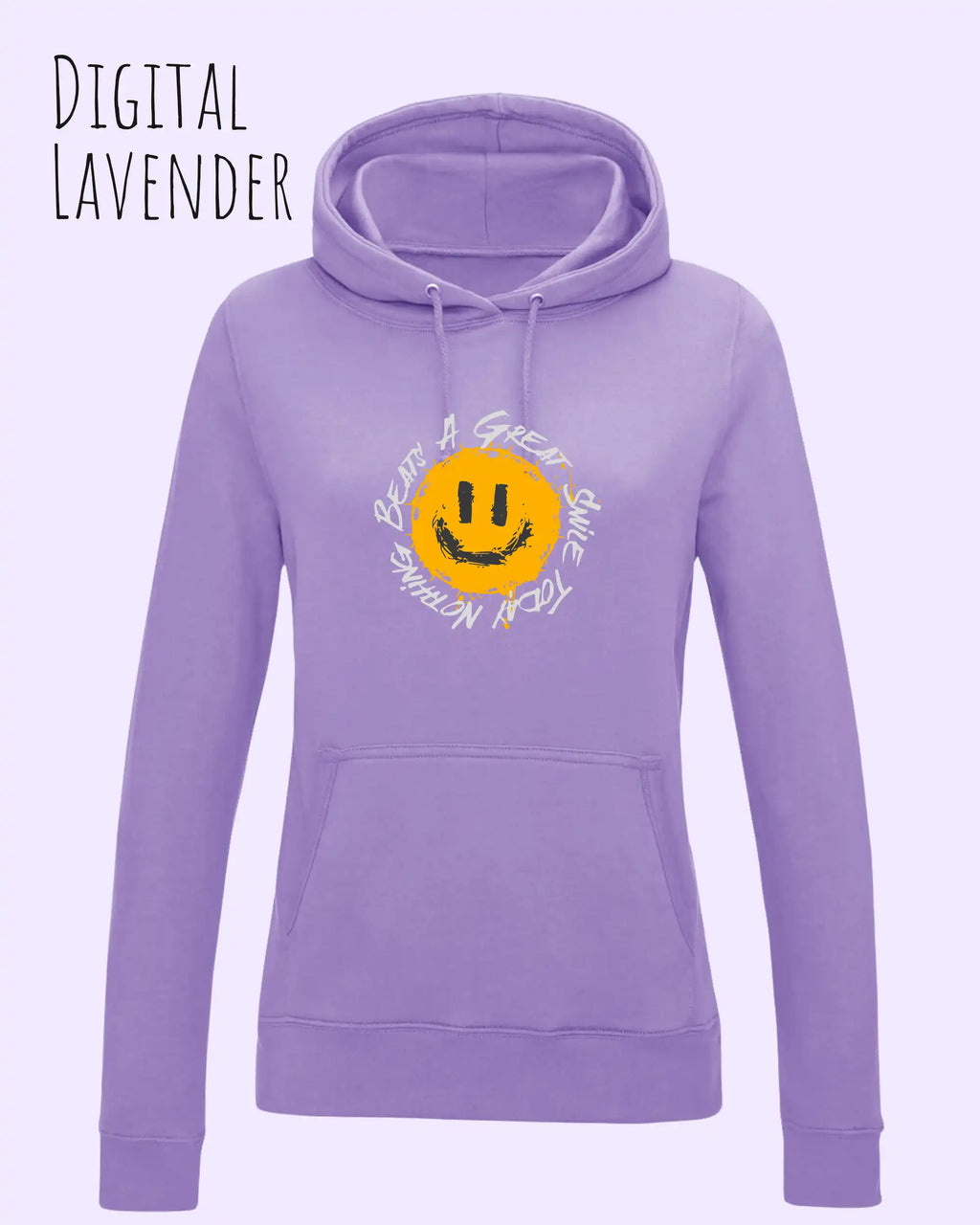 Das Bild zeigt den femininen Hoodie JH001F in digital lavender mit dem Design nothing beats a great smile