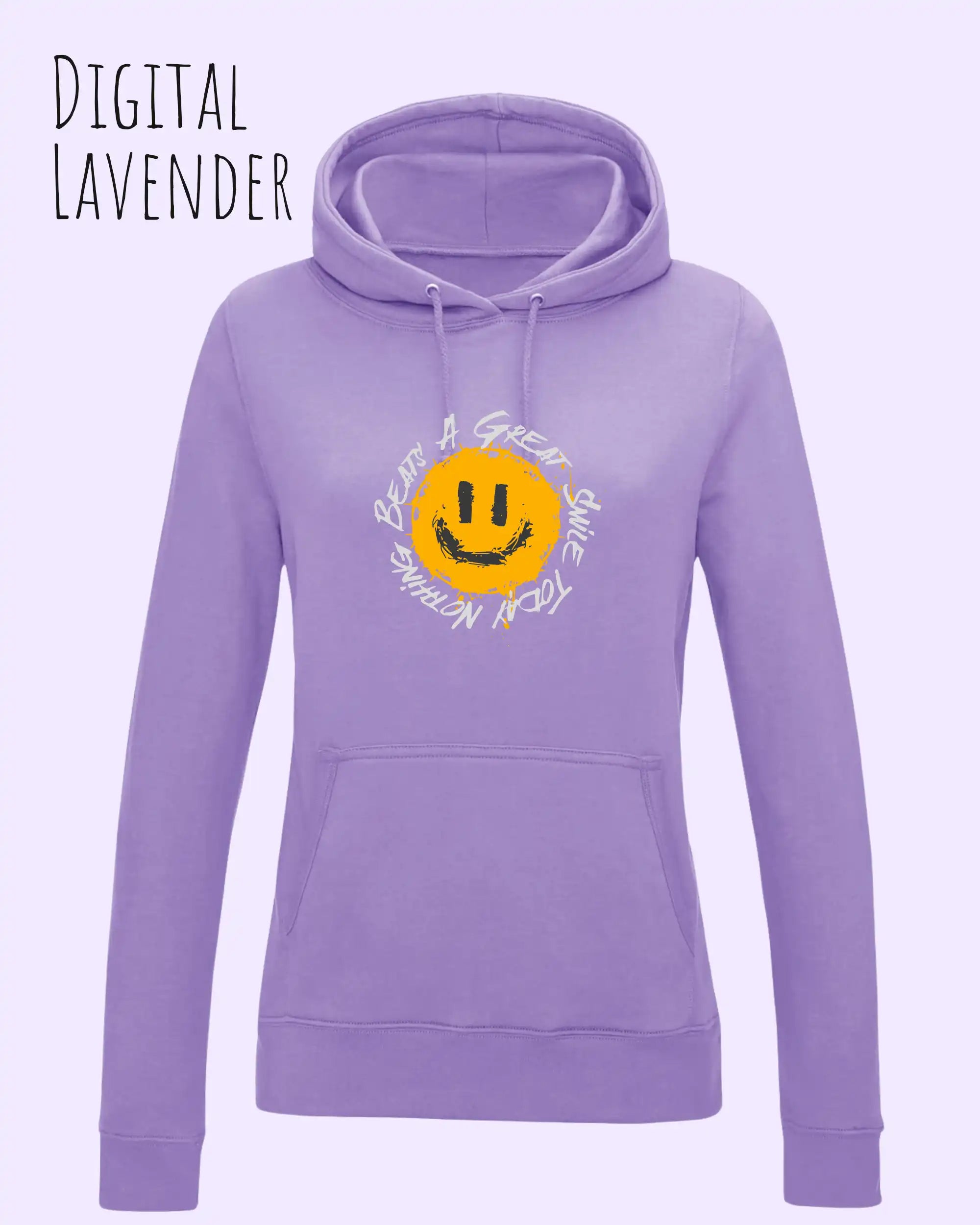 Das Bild zeigt den femininen Hoodie JH001F in digital lavender mit dem Design nothing beats a great smile