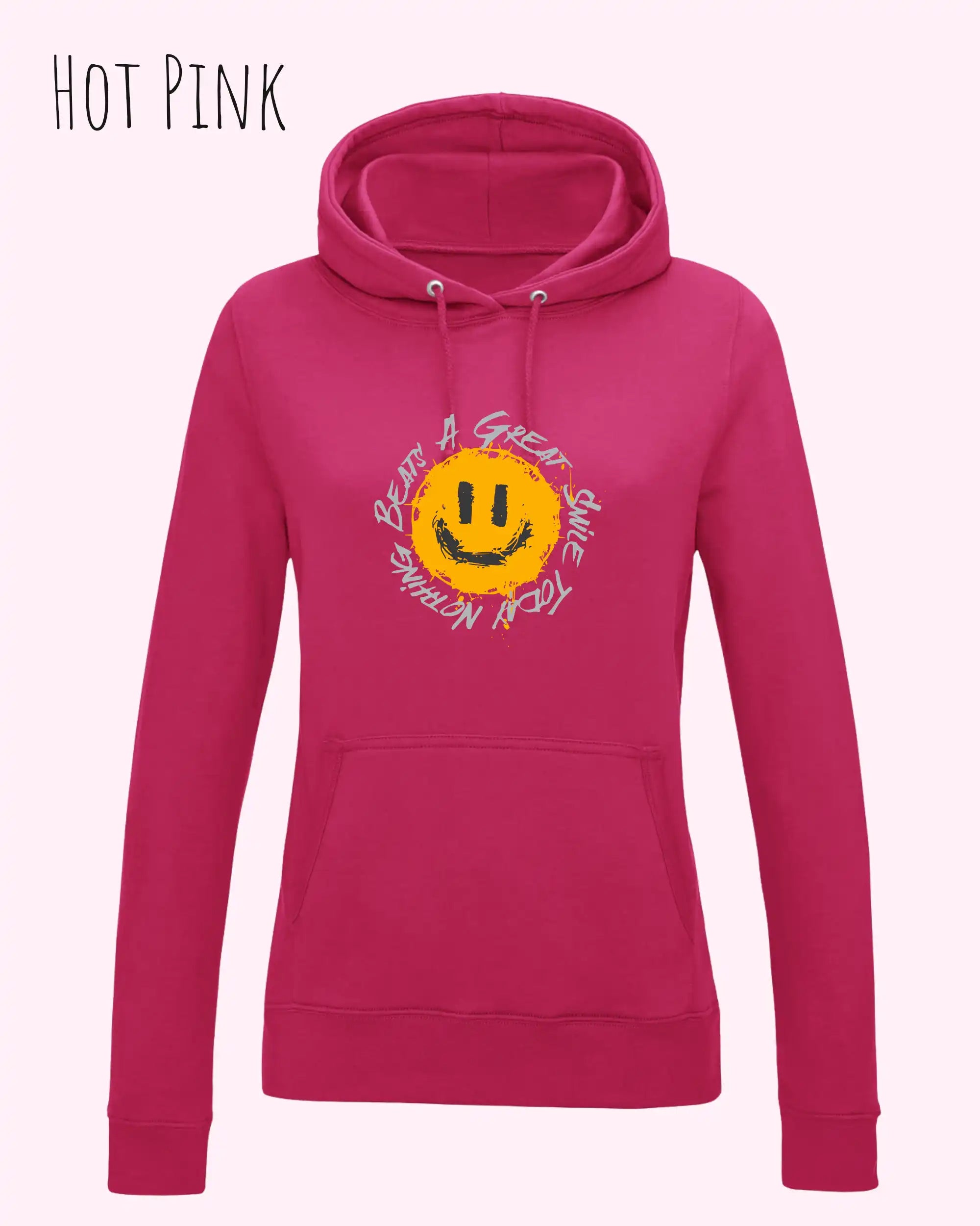 Das Bild zeigt den femininen Hoodie JH001F in hot pink mit dem Design nothing beats a great smile