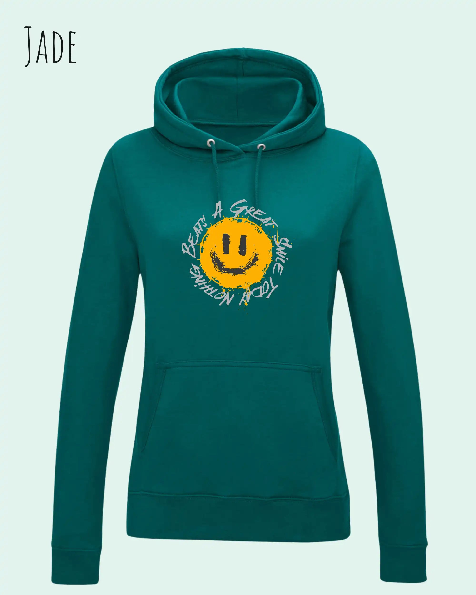 Das Bild zeigt den femininen Hoodie JH001F in jade mit dem Design nothing beats a great smile
