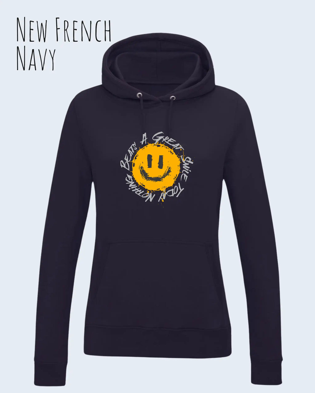 Das Bild zeigt den femininen Hoodie JH001F in new French navy mit dem Design nothing beats a great smile