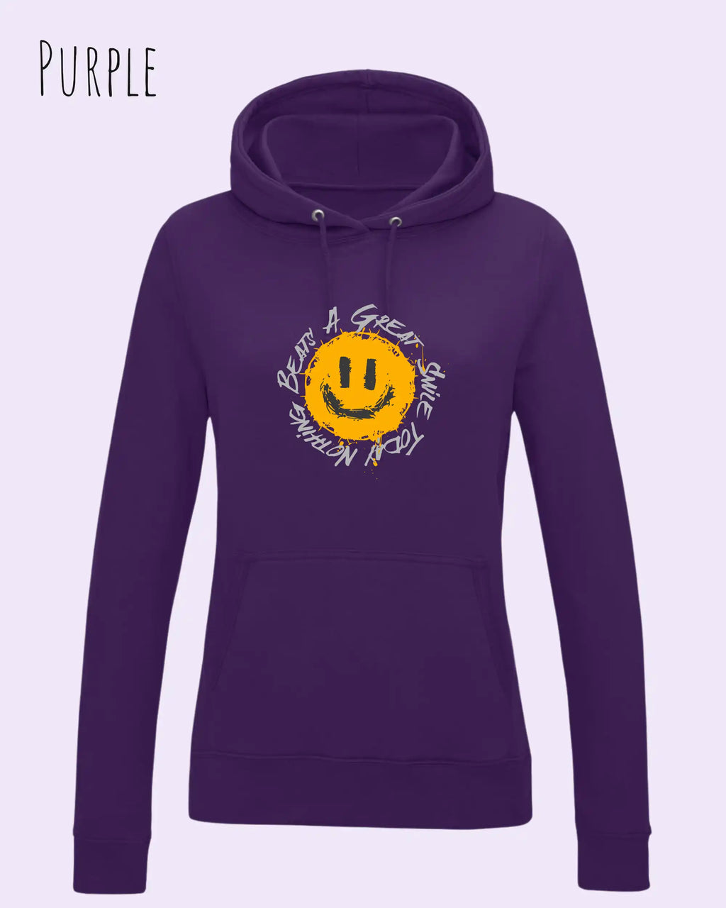 Das Bild zeigt den femininen Hoodie JH001F in purple  mit dem Design nothing beats a great smile