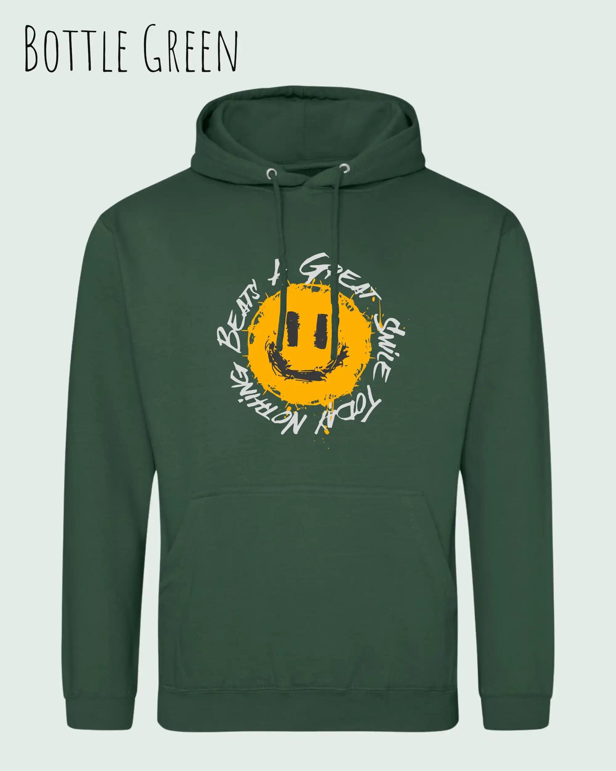 Das Bild zeigt den Unisex Hoodie JH001 von awdis in der Farbe bottle green mit dem Design Nothing beats a great smile.