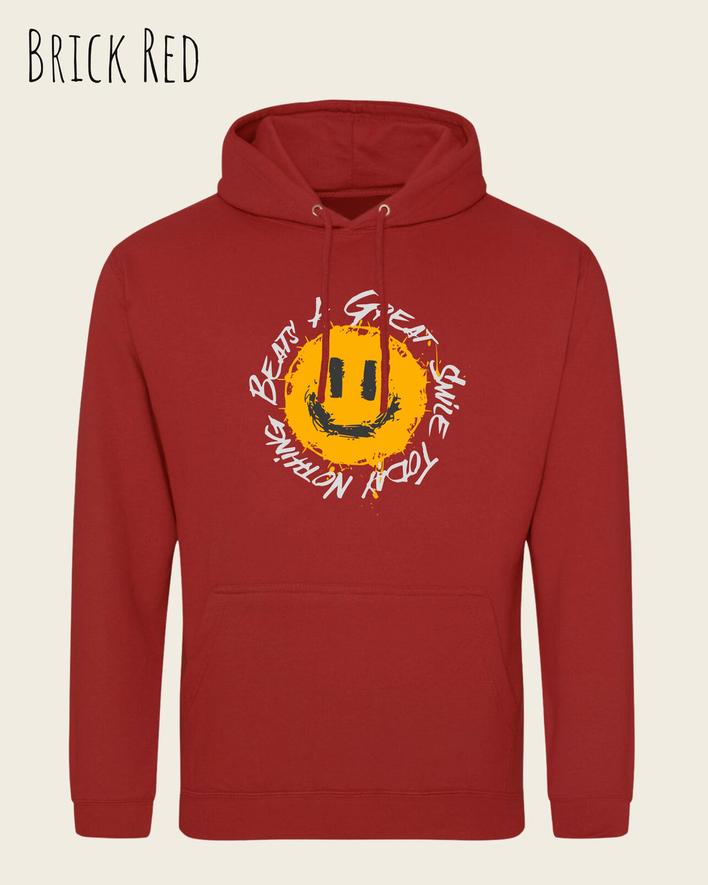 Das Bild zeigt den Unisex Hoodie JH001 von awdis in der Farbe brick red mit dem Design Nothing beats a great smile.