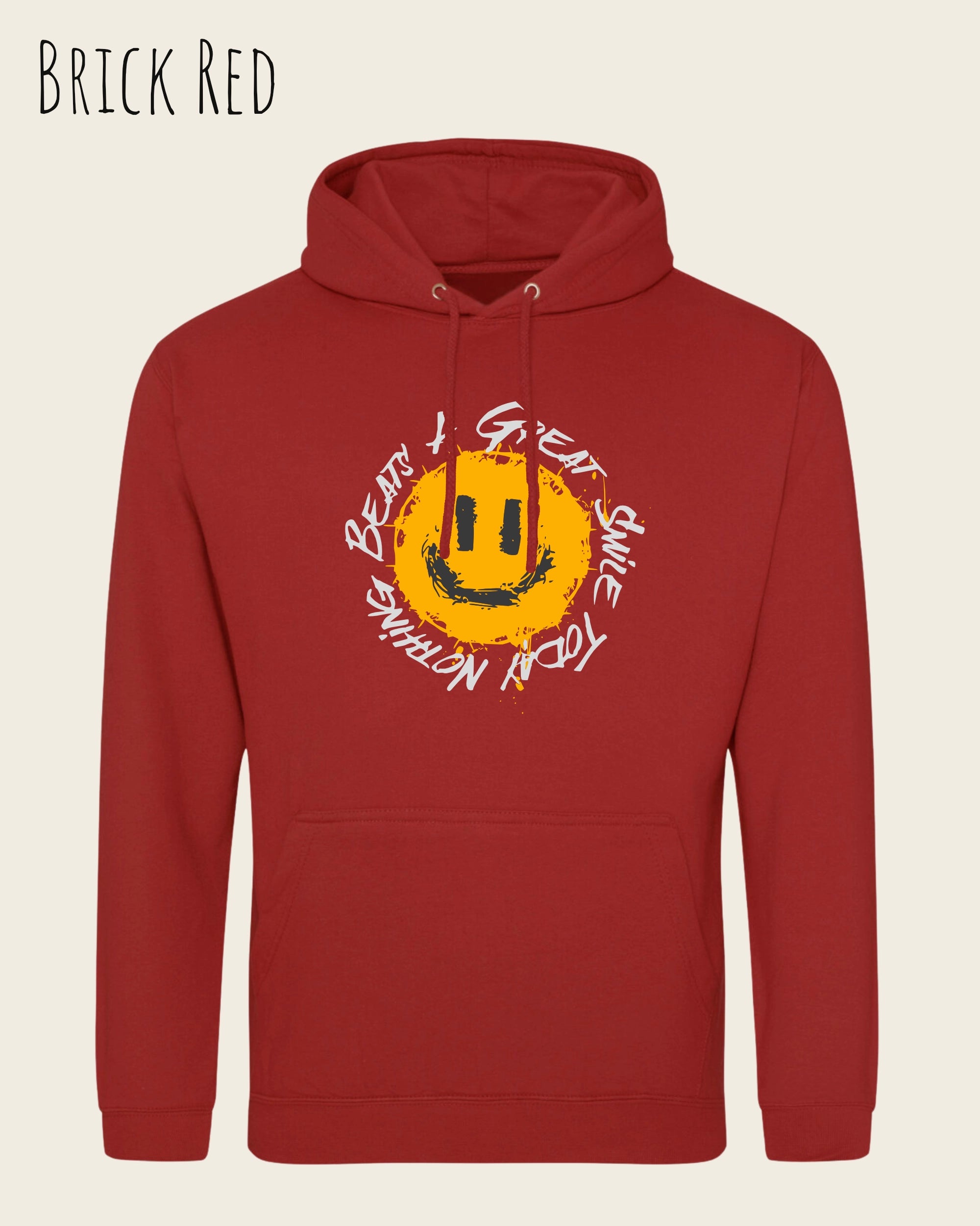 Das Bild zeigt den Unisex Hoodie JH001 von awdis in der Farbe brick red mit dem Design Nothing beats a great smile.