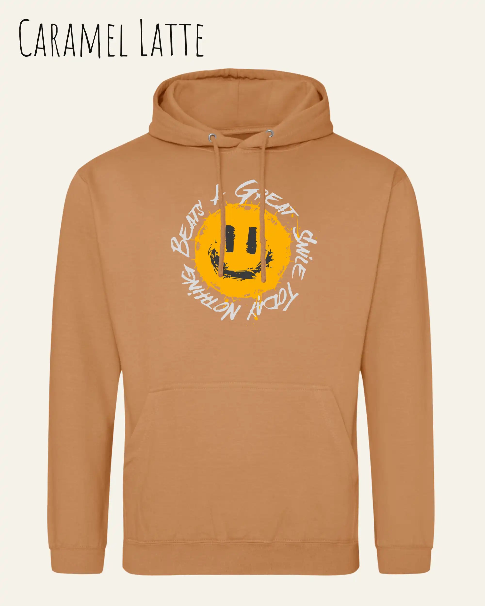 Das Bild zeigt den Unisex Hoodie JH001 von awdis in der Farbe caramel latte mit dem Design Nothing beats a great smile.