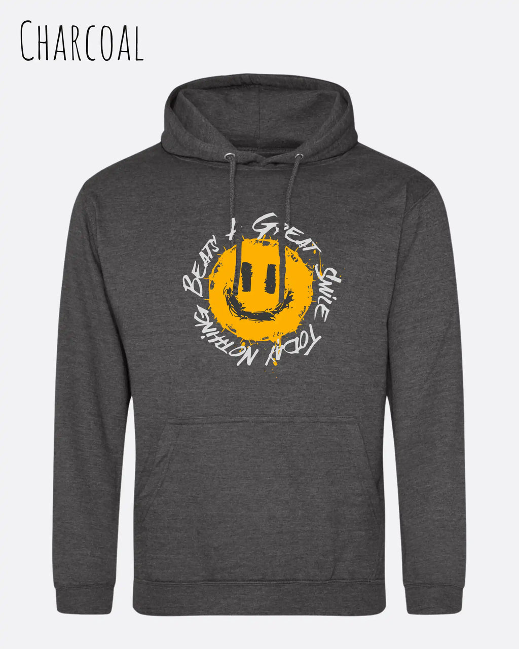 Das Bild zeigt den Unisex Hoodie JH001 von awdis in der Farbe charcoall mit dem Design Nothing beats a great smile.