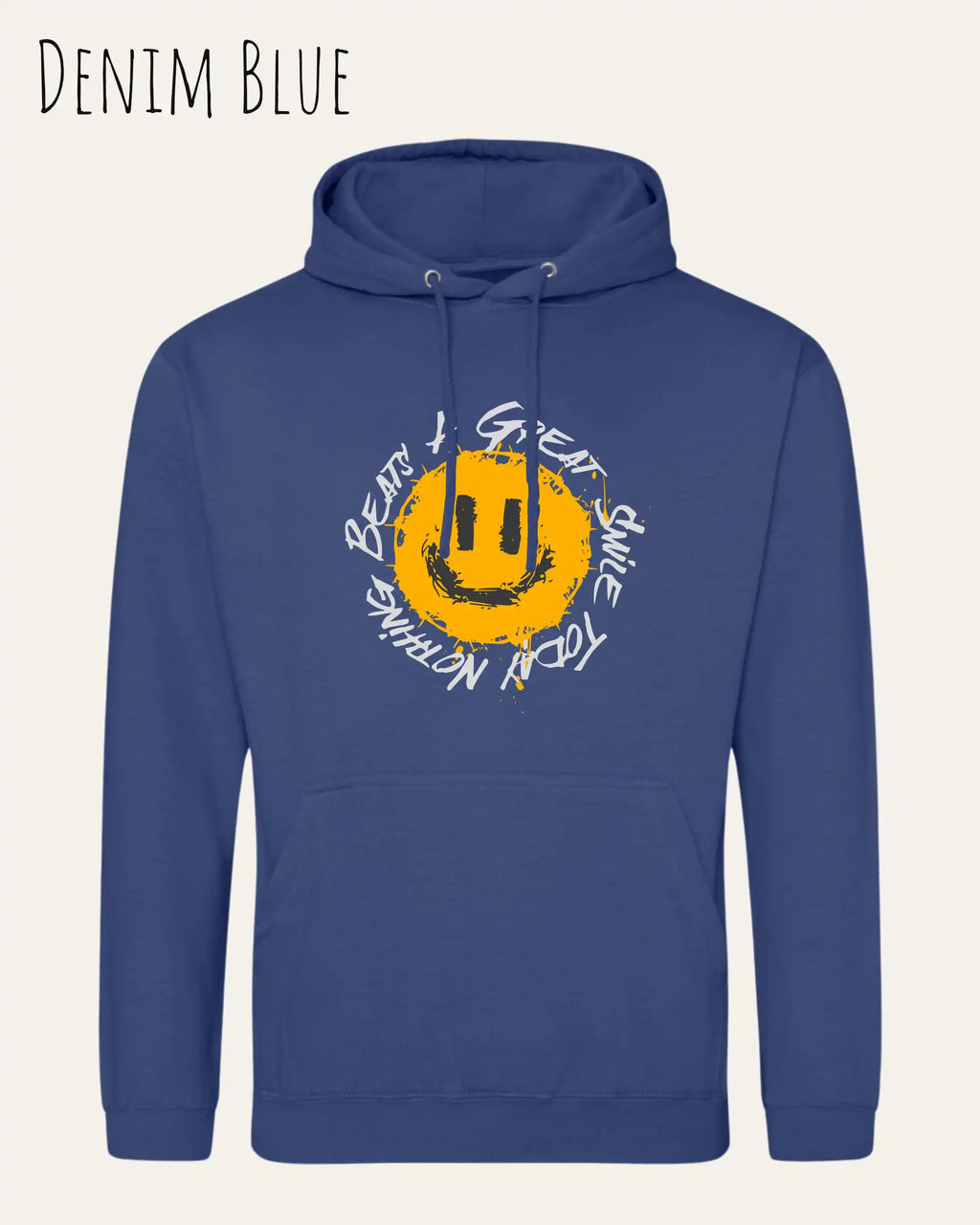 Das Bild zeigt den Unisex Hoodie JH001 von awdis in der Farbe denim blue mit dem Design Nothing beats a great smile.