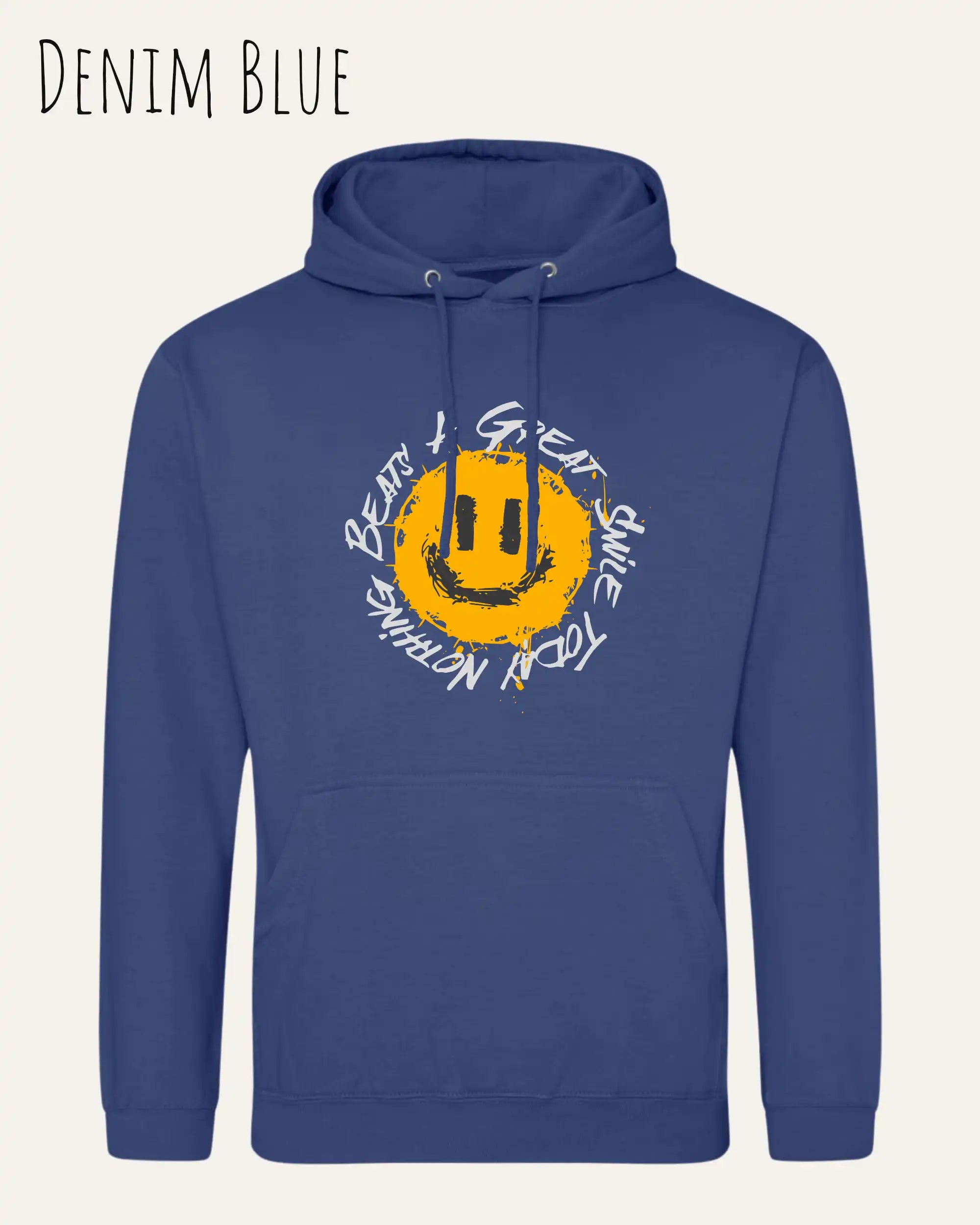 Das Bild zeigt den Unisex Hoodie JH001 von awdis in der Farbe denim blue mit dem Design Nothing beats a great smile.