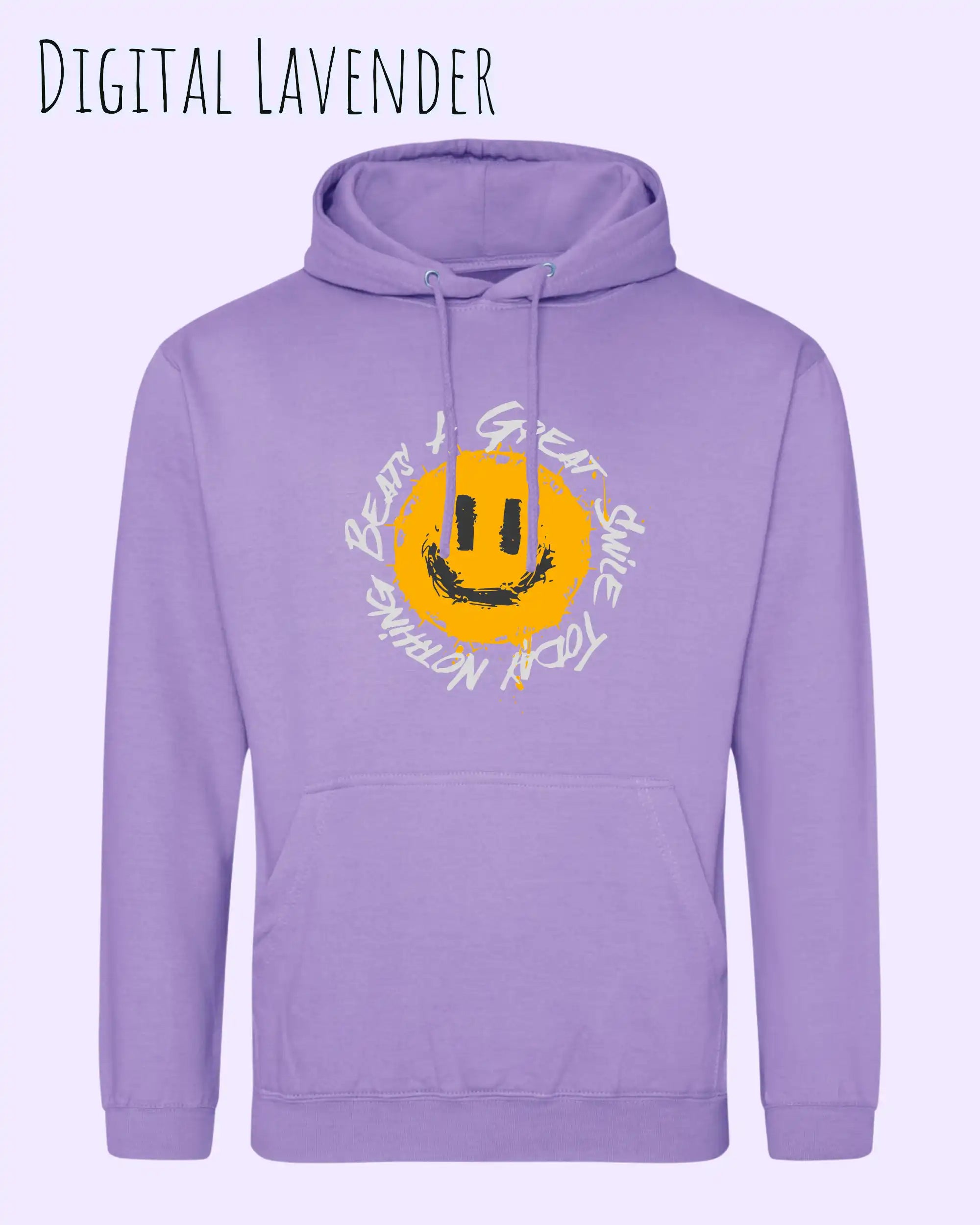 Das Bild zeigt den Unisex Hoodie JH001 von awdis in der Farbe digital öavender  mit dem Design Nothing beats a great smile.