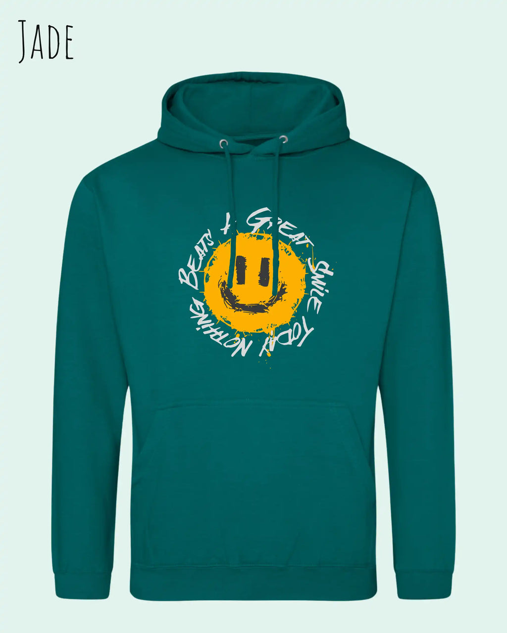 Das Bild zeigt den Unisex Hoodie JH001 von awdis in der Farbe jade mit dem Design Nothing beats a great smile.