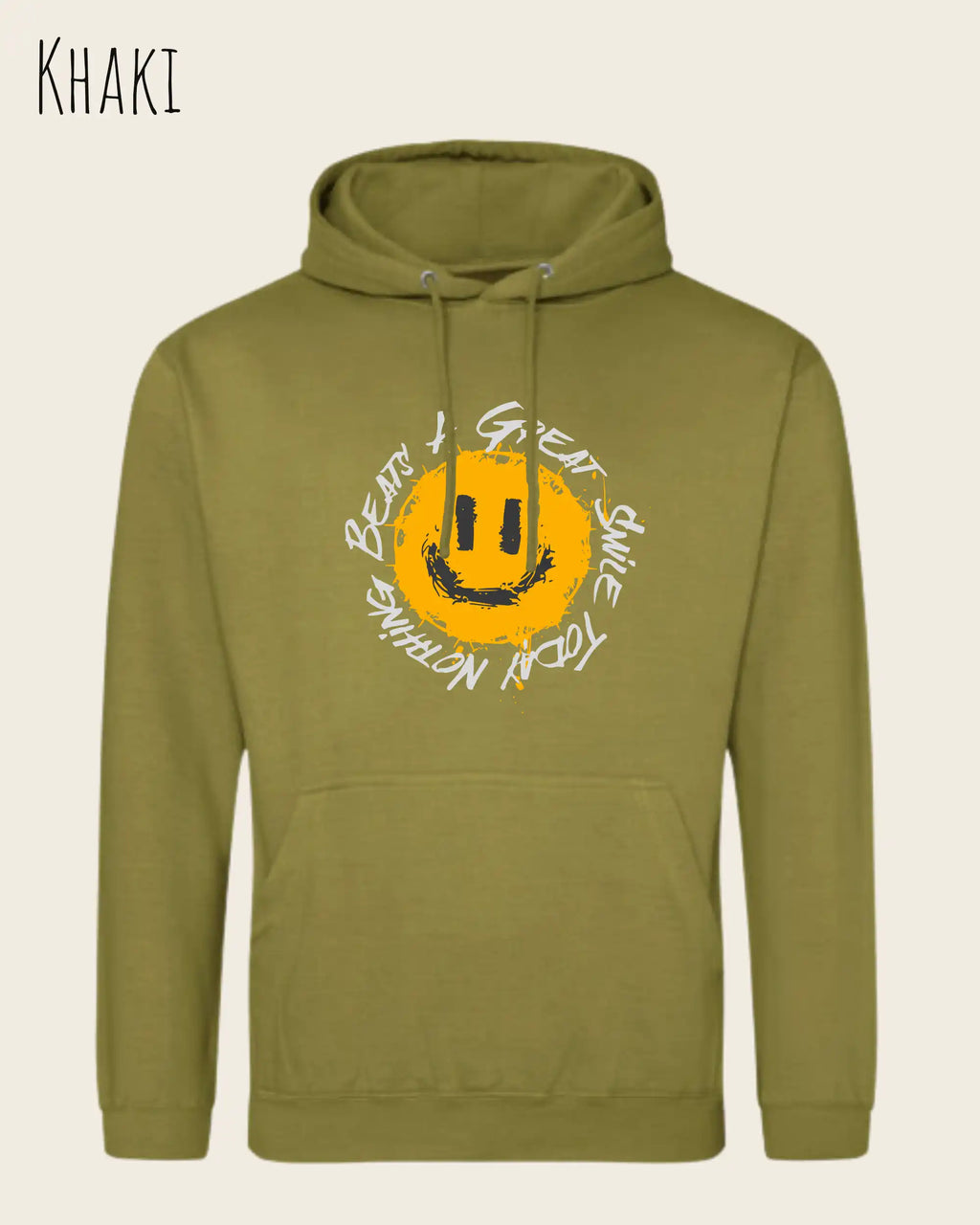 Das Bild zeigt den Unisex Hoodie JH001 von awdis in der Farbe khaki mit dem Design Nothing beats a great smile.