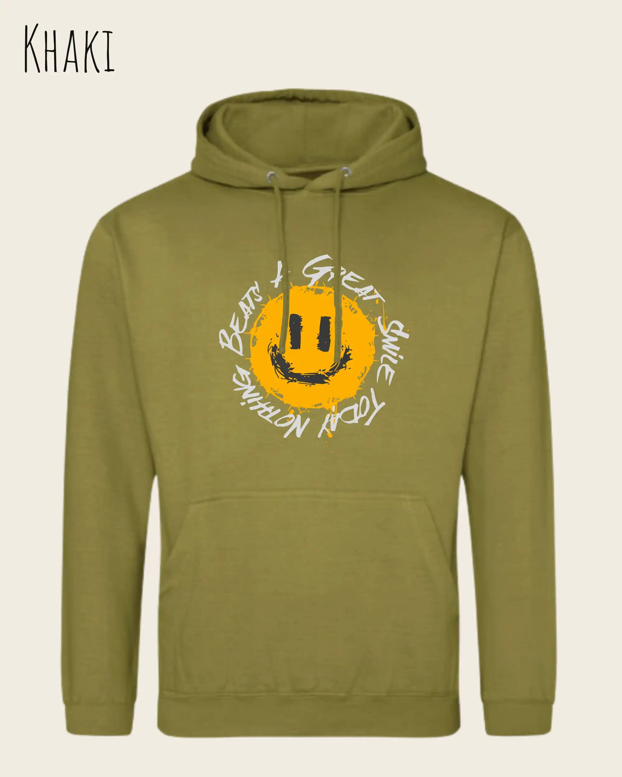 Das Bild zeigt den Unisex Hoodie JH001 von awdis in der Farbe khaki mit dem Design Nothing beats a great smile.