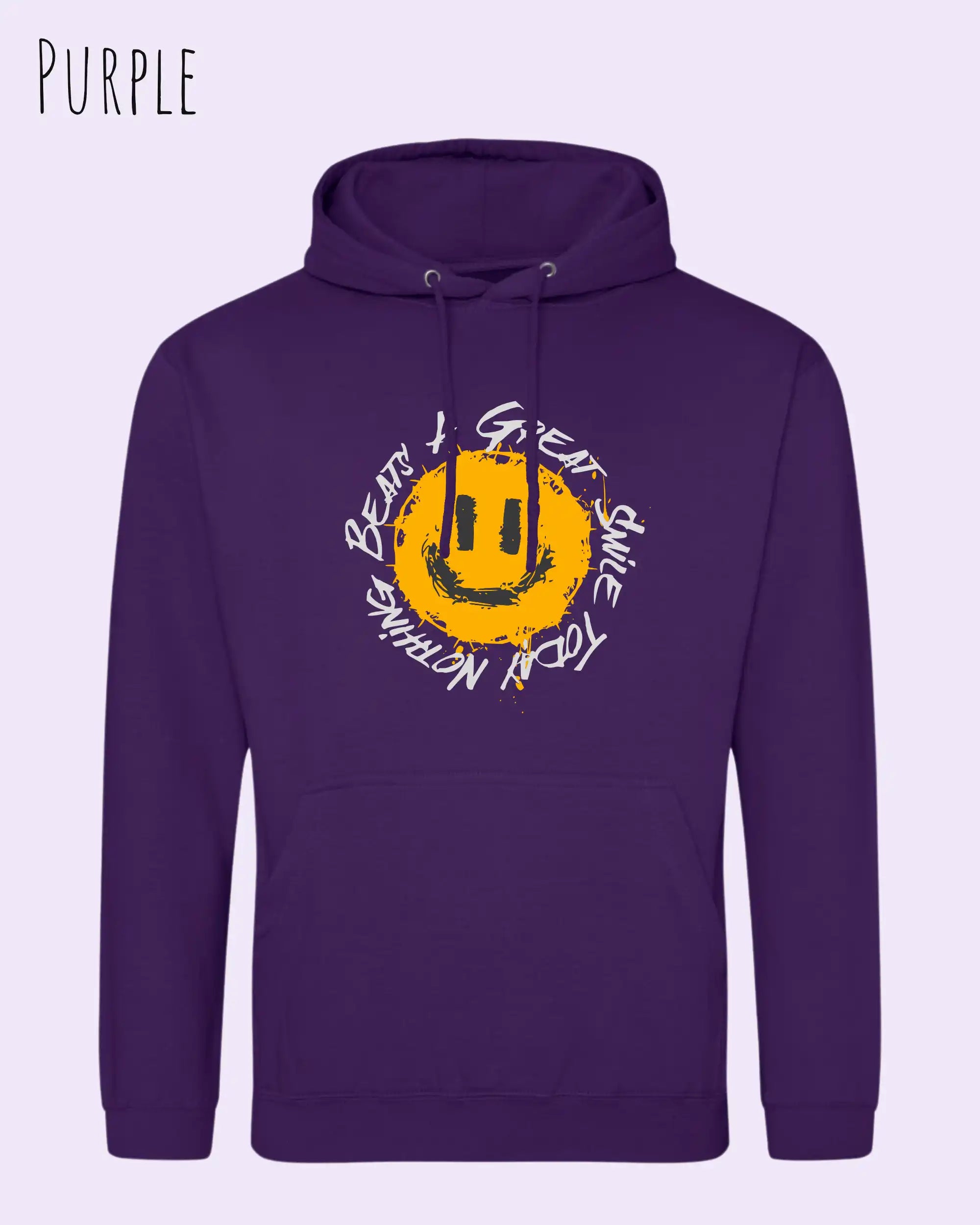 Das Bild zeigt den Unisex Hoodie JH001 von awdis in der Farbe purple mit dem Design Nothing beats a great smile.