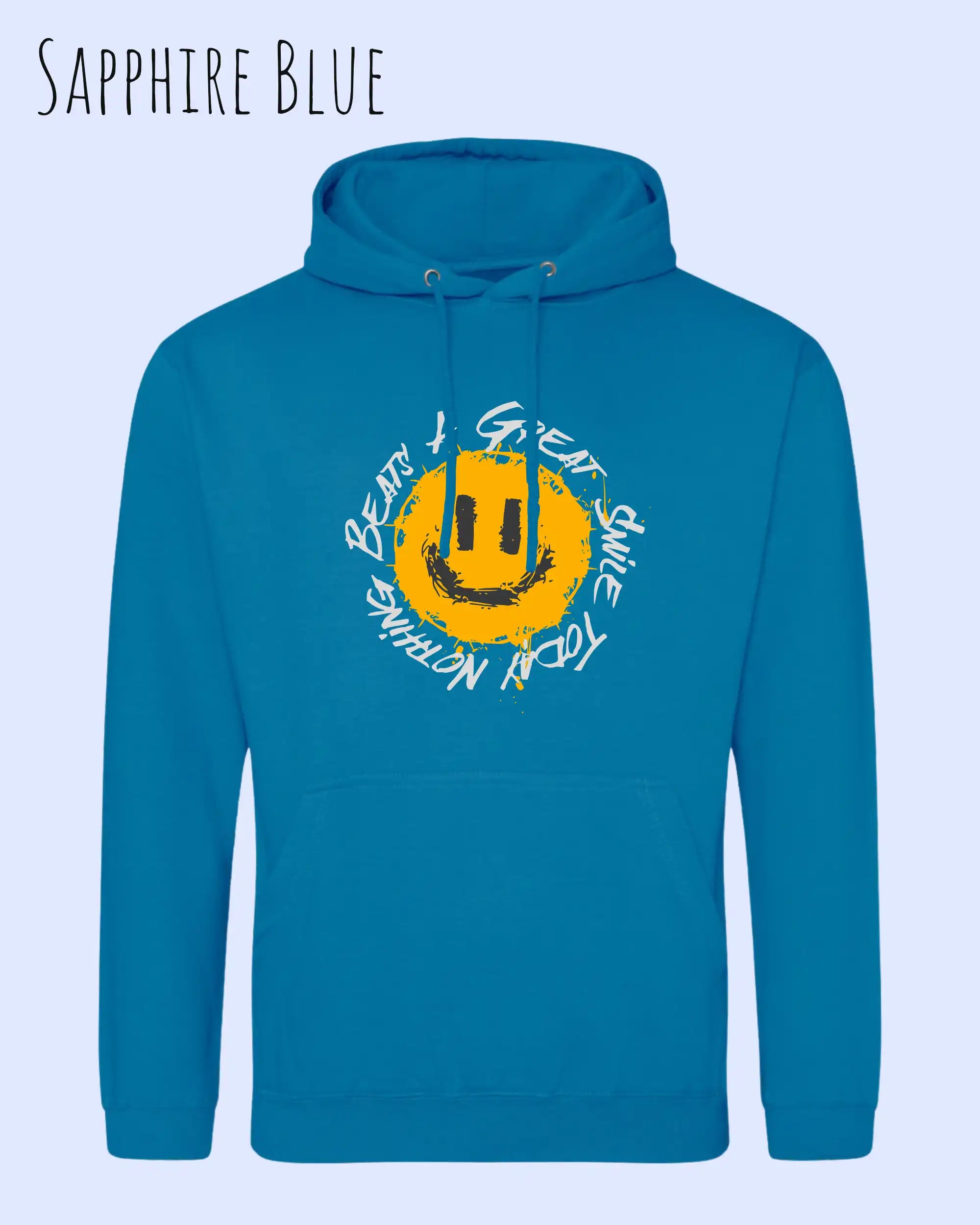 Das Bild zeigt den Unisex Hoodie JH001 von awdis in der Farbe sapphire blue mit dem Design Nothing beats a great smile.