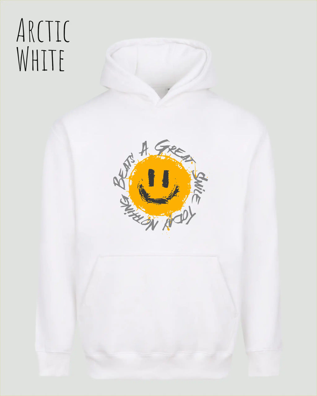 Das Bild zeigt den oversized hoodie jh111 von just hoods in der farbe arctic nwhite  mit dem design notihing beats a great smile.