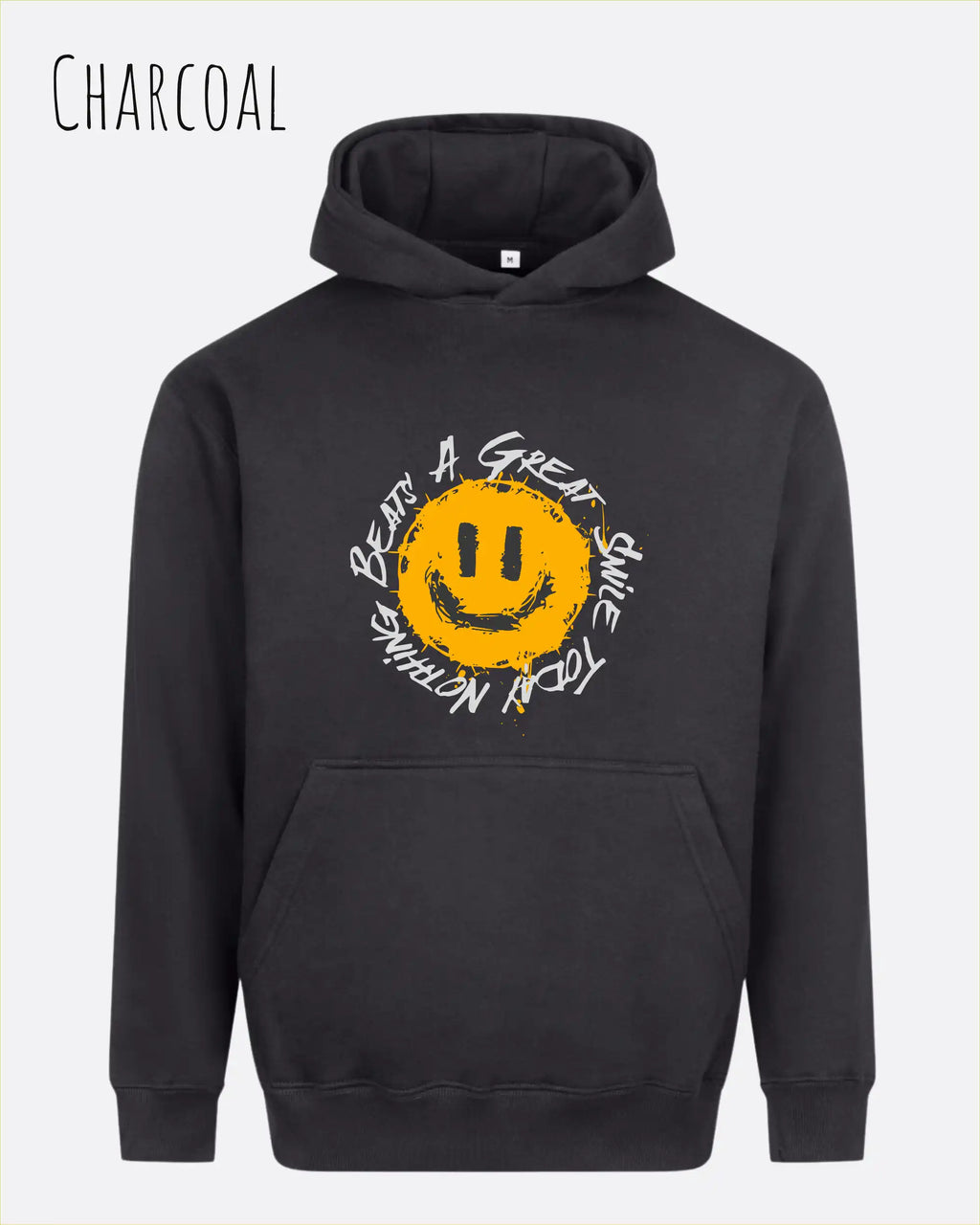 Das Bild zeigt den oversized hoodie jh111 von just hoods in der farbe charcoal mit dem design notihing beats a great smile.