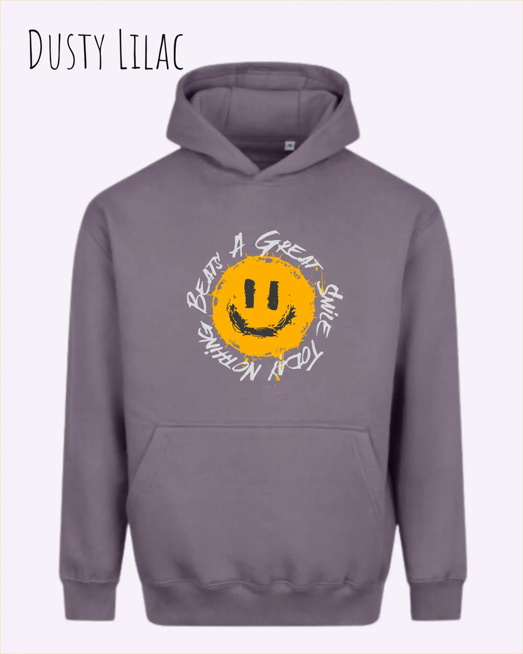 Das Bild zeigt den oversized hoodie jh111 von just hoods in der farbe dusty lilac mit dem design notihing beats a great smile.
