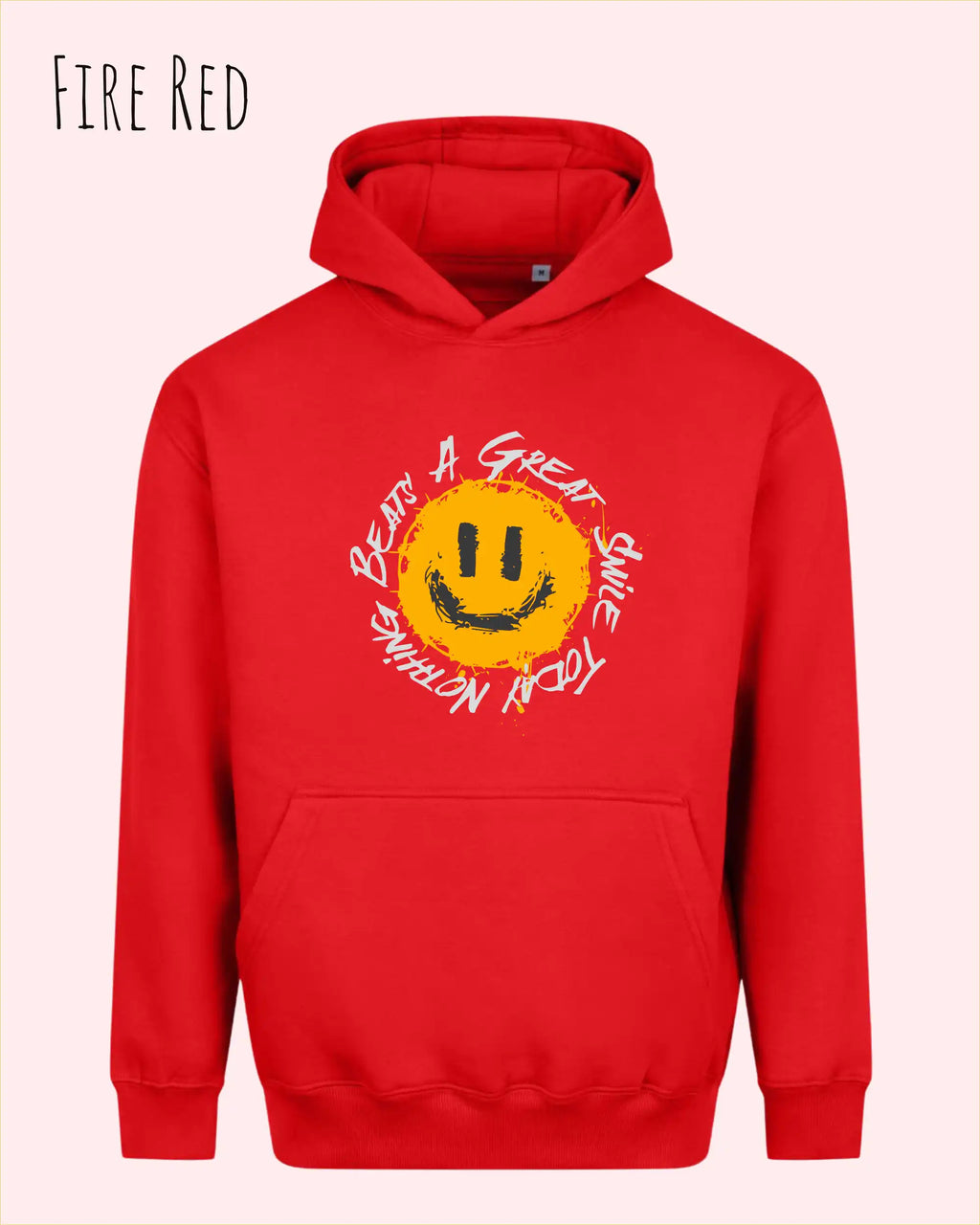 Das Bild zeigt den oversized hoodie jh111 von just hoods in der farbe fire red mit dem design notihing beats a great smile.