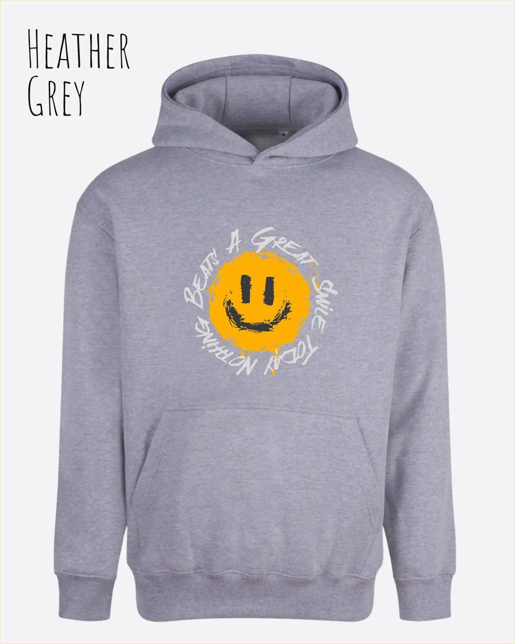 Das Bild zeigt den oversized hoodie jh111 von just hoods in der farbe Heather grey  mit dem design notihing beats a great smile.