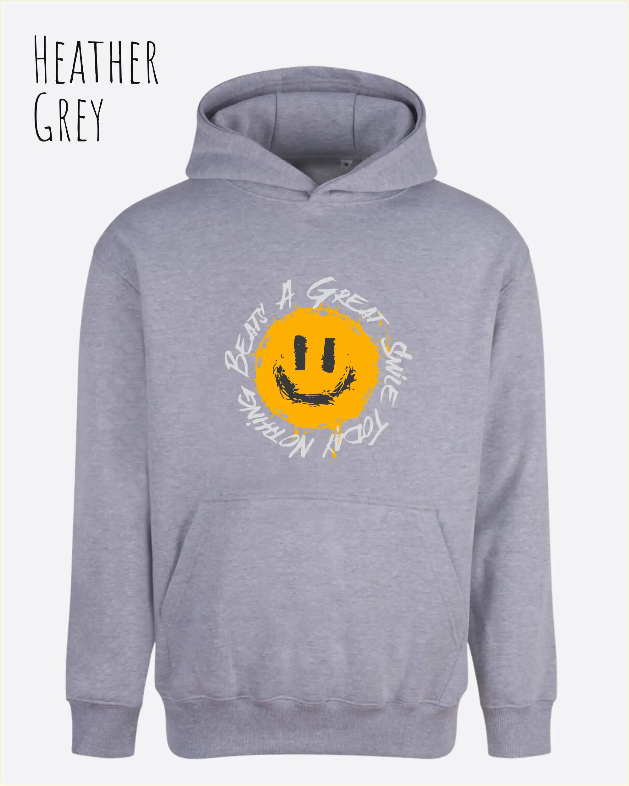 Das Bild zeigt den oversized hoodie jh111 von just hoods in der farbe Heather grey  mit dem design notihing beats a great smile.