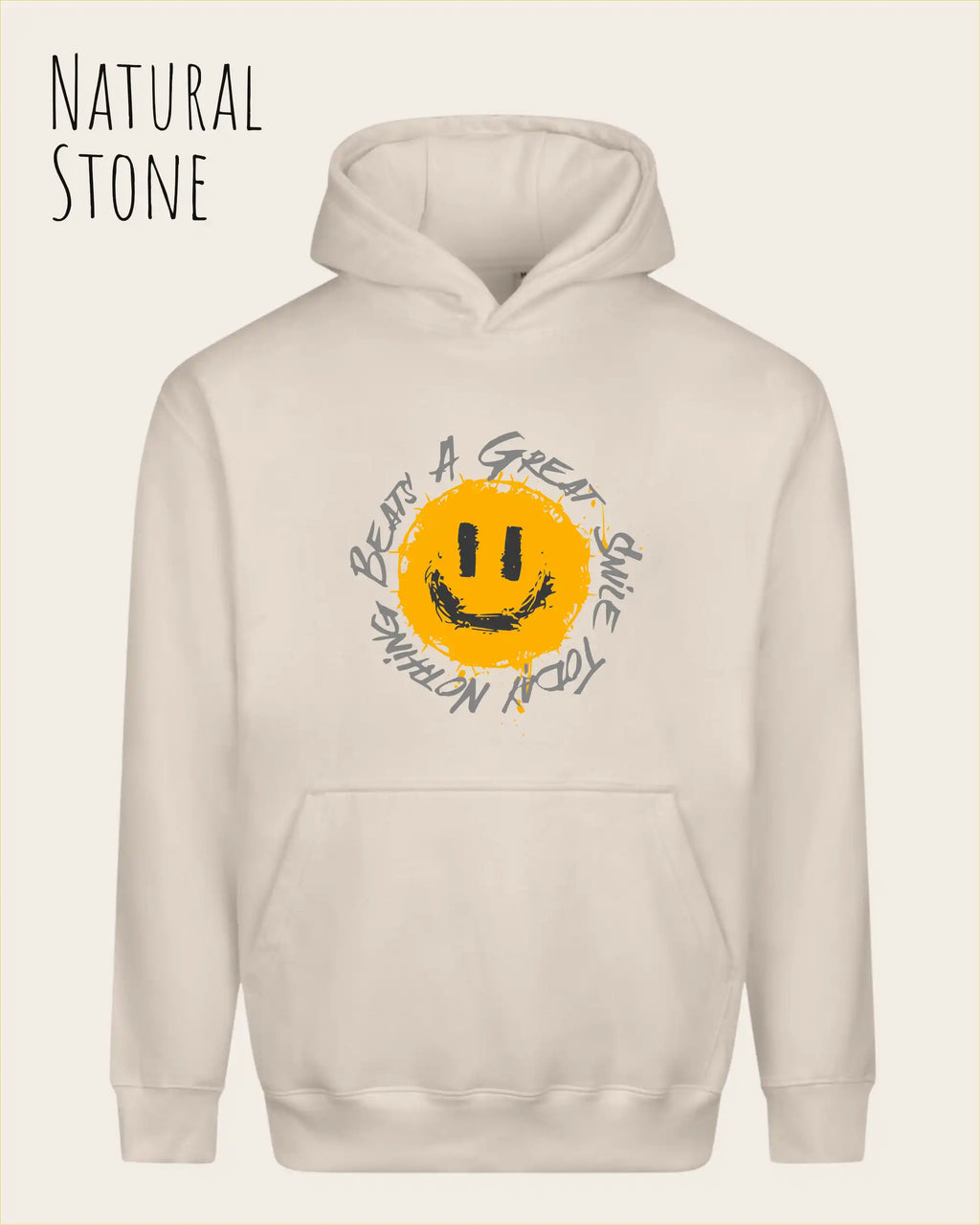 Das Bild zeigt den oversized hoodie jh111 von just hoods in der farbe natural stone  mit dem design notihing beats a great smile.