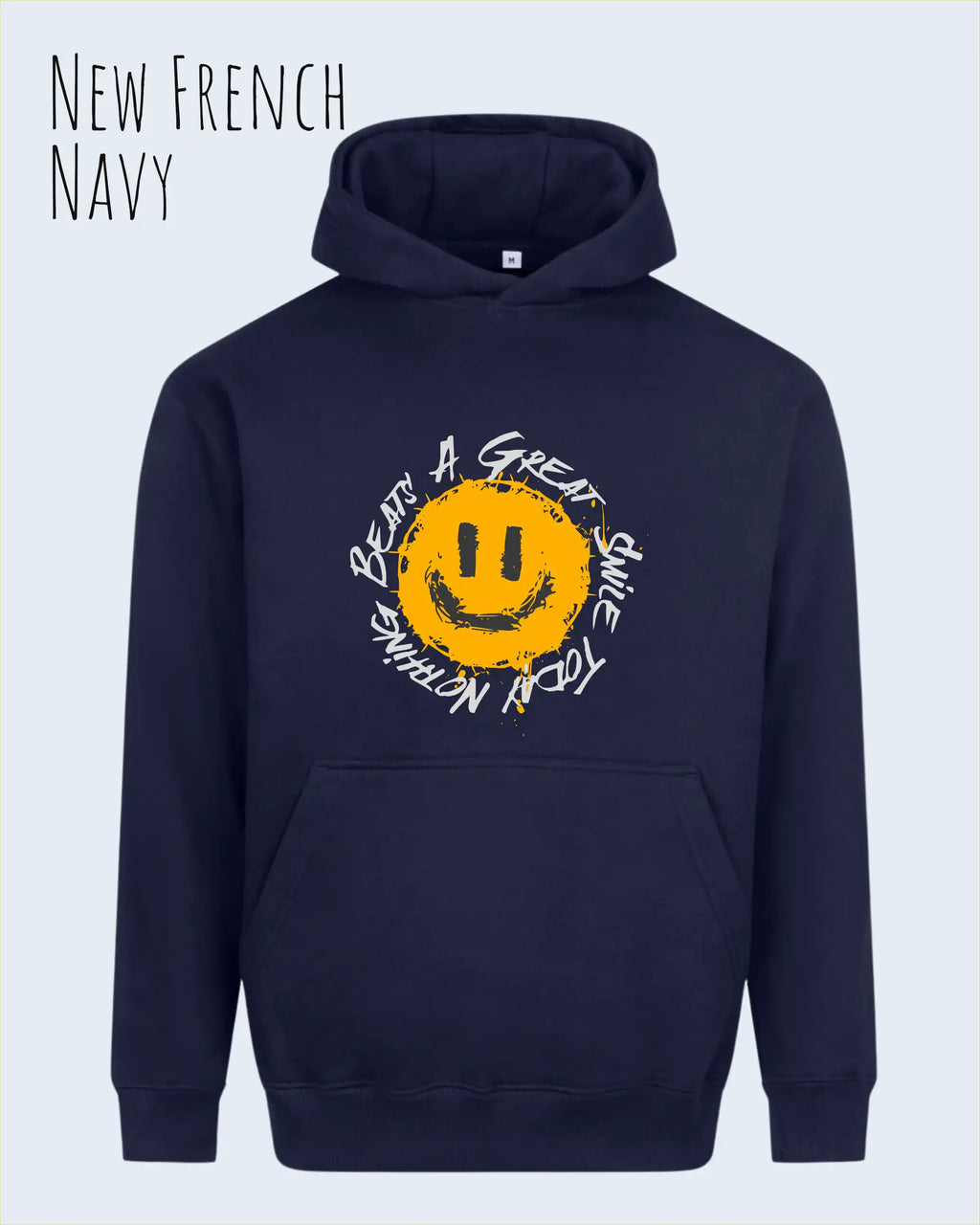 Das Bild zeigt den oversized hoodie jh111 von just hoods in der farbe new french nnavy mit dem design notihing beats a great smile.