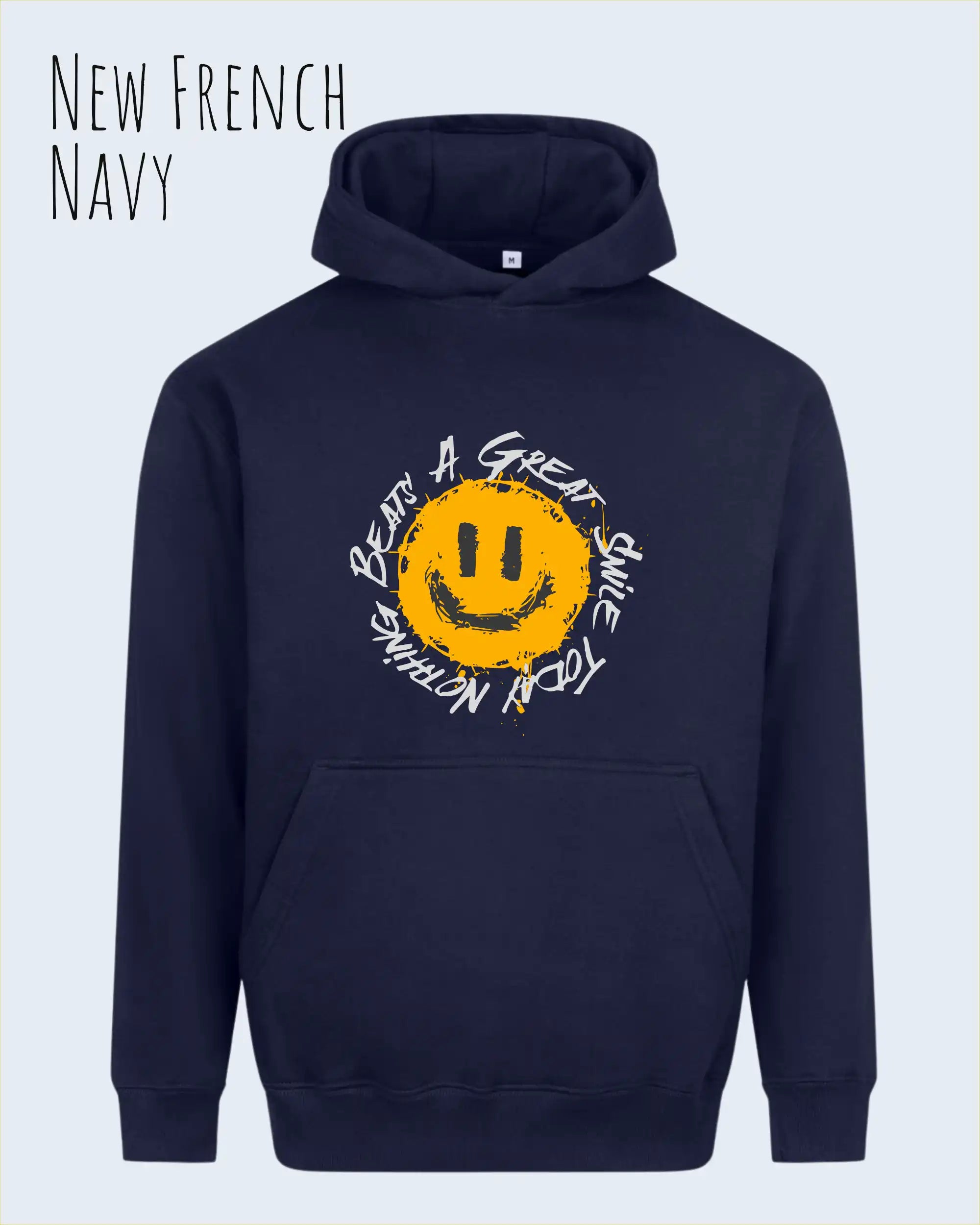 Das Bild zeigt den oversized hoodie jh111 von just hoods in der farbe new french nnavy mit dem design notihing beats a great smile.