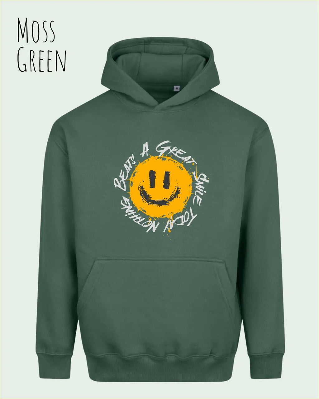 Das Bild zeigt den oversized hoodie jh111 von just hoods in der farbe moss green mit dem design notihing beats a great smile.