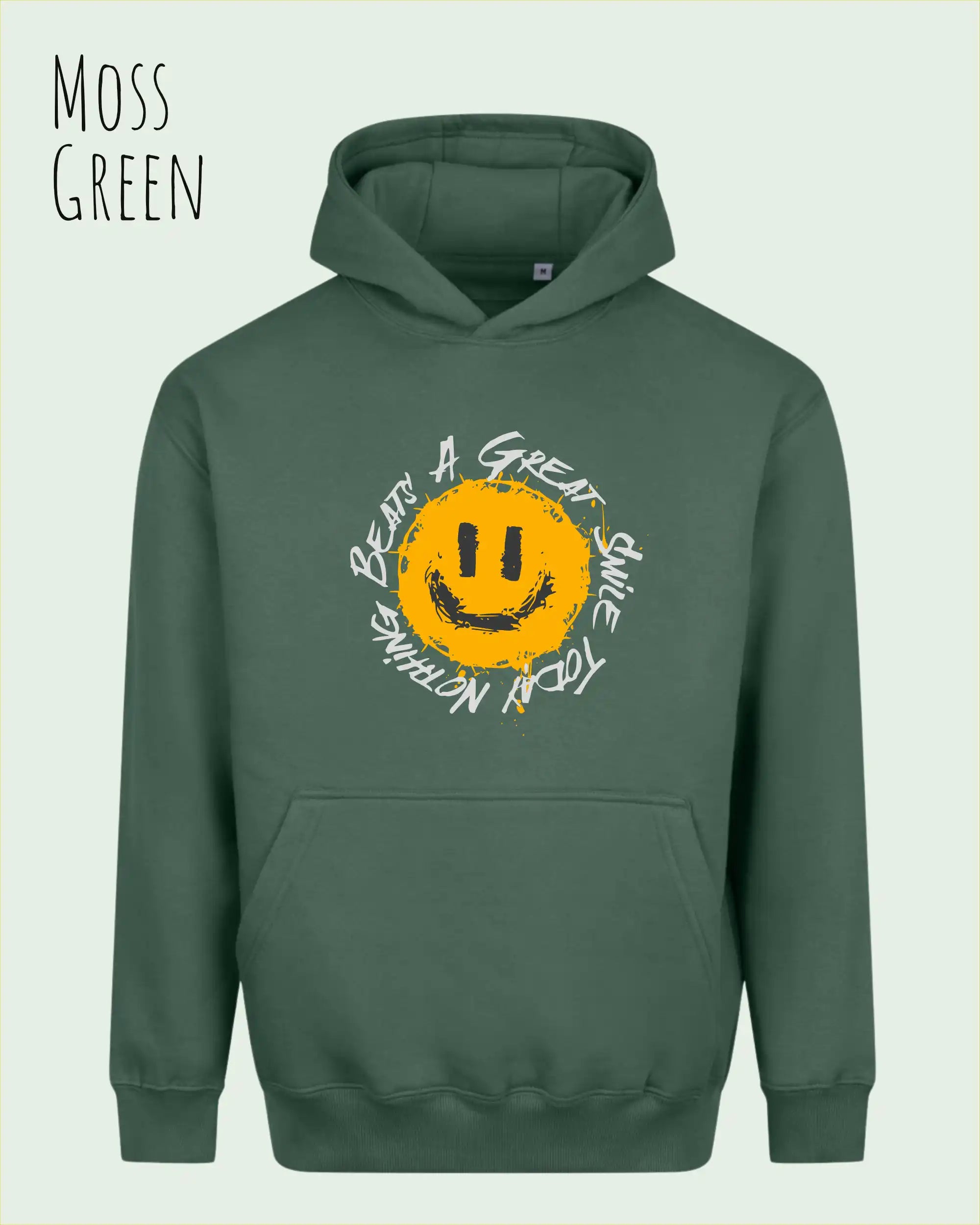 Das Bild zeigt den oversized hoodie jh111 von just hoods in der farbe moss green mit dem design notihing beats a great smile.