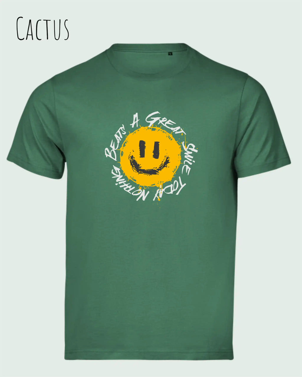 Das Bild zeigt  das Unisex oprganic t-shirt Tee Jays Urban Luxury Tee 1150  in der farbe cactus mit dem statement nothing beats a great smile today.