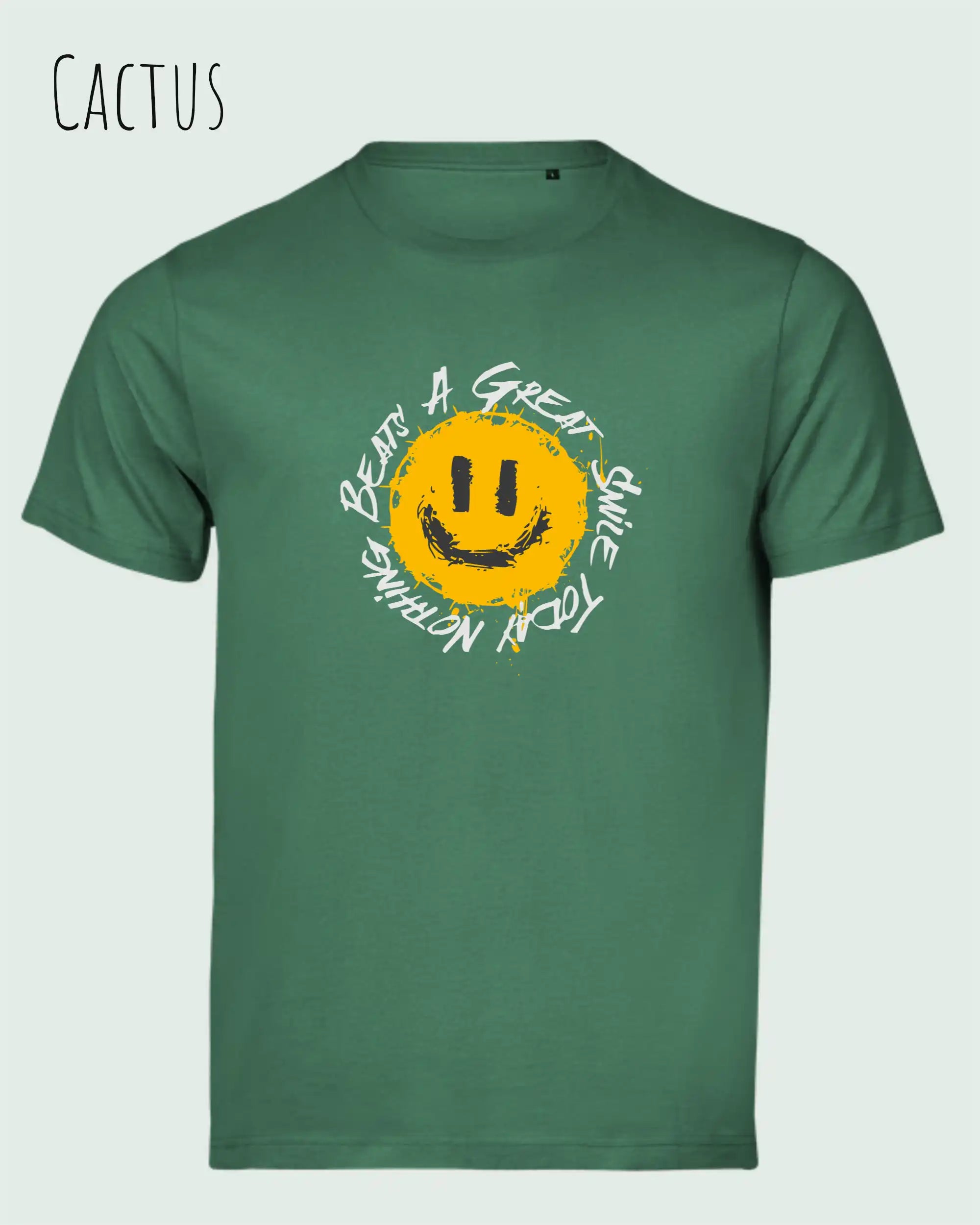 Das Bild zeigt  das Unisex oprganic t-shirt Tee Jays Urban Luxury Tee 1150  in der farbe cactus mit dem statement nothing beats a great smile today.