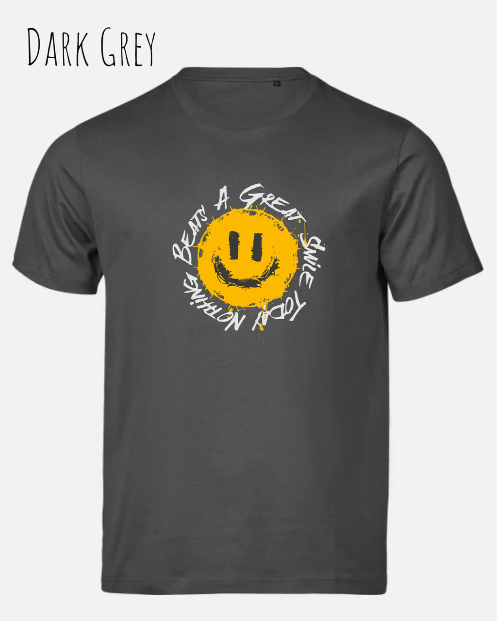 Das Bild zeigt  das Unisex oprganic t-shirt Tee Jays Urban Luxury Tee 1150  in der farbe dark grey mit dem statement nothing beats a great smile today.