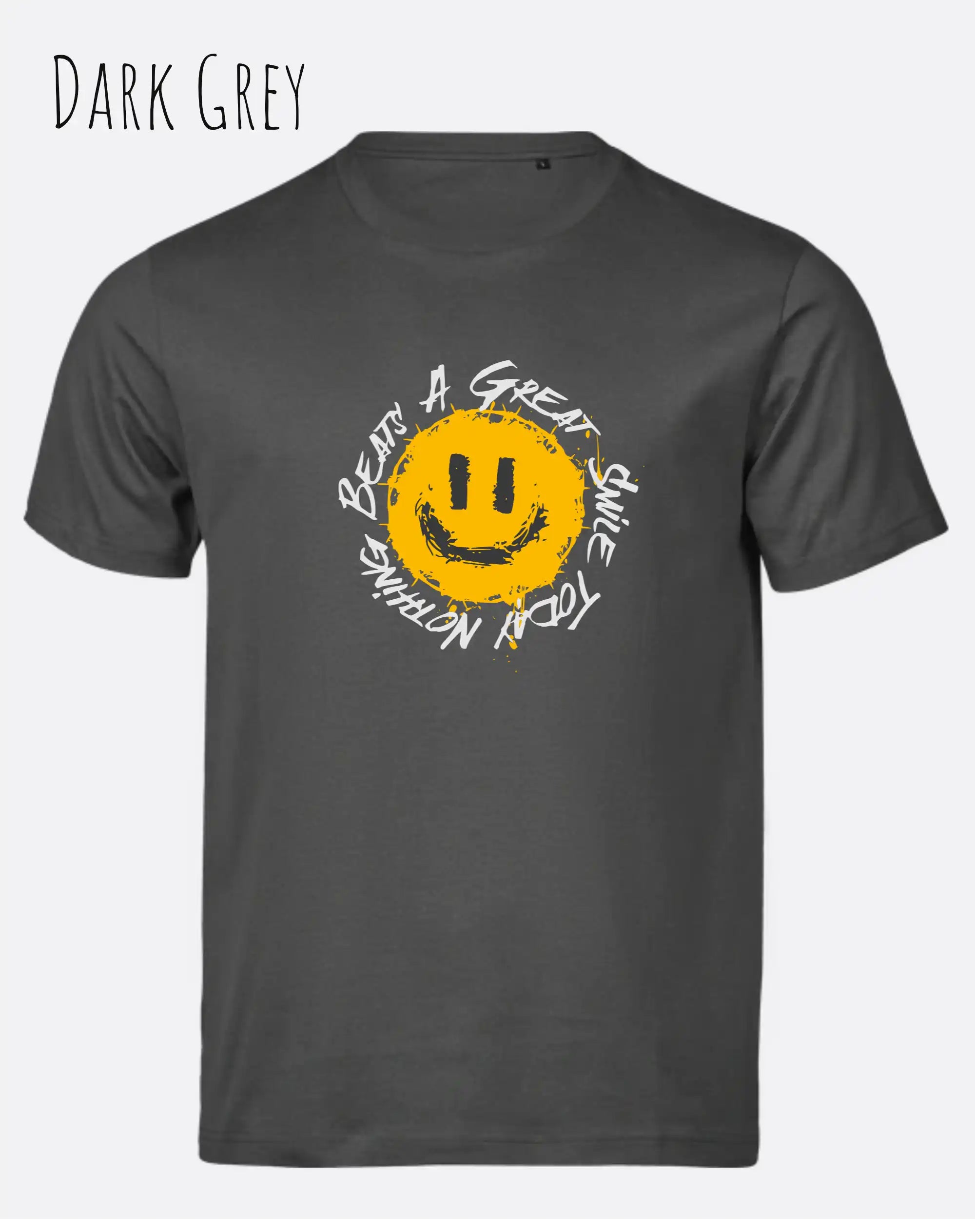 Das Bild zeigt  das Unisex oprganic t-shirt Tee Jays Urban Luxury Tee 1150  in der farbe dark grey mit dem statement nothing beats a great smile today.