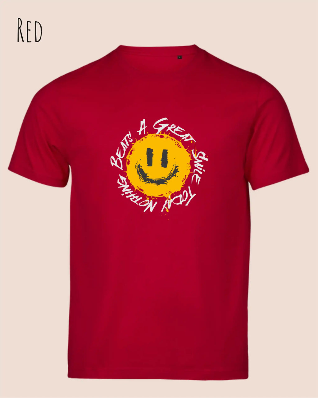 Das Bild zeigt  das Unisex oprganic t-shirt Tee Jays Urban Luxury Tee 1150  in der farbe red mit dem statement nothing beats a great smile today.