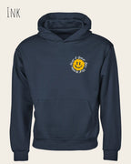 Das Bild zeigt den nachhaltigen Organic Luxury Hoodie in Ink mit dem Statement NOTHING BEATS A SMILE TODAY