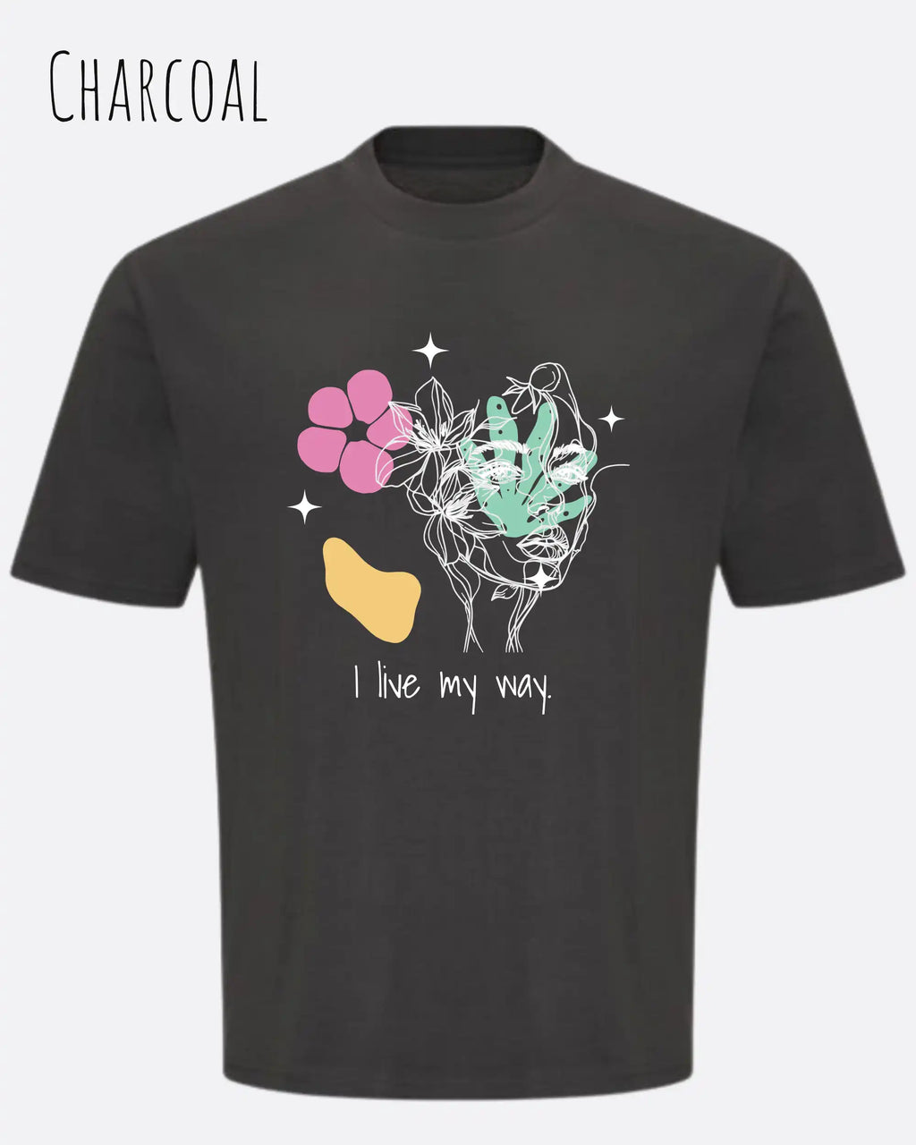 die Abbildung zeigt ein oversized heavyweight ndesign-t-shirt in der farbe charcoal und mit  dem motiv I live my way,
