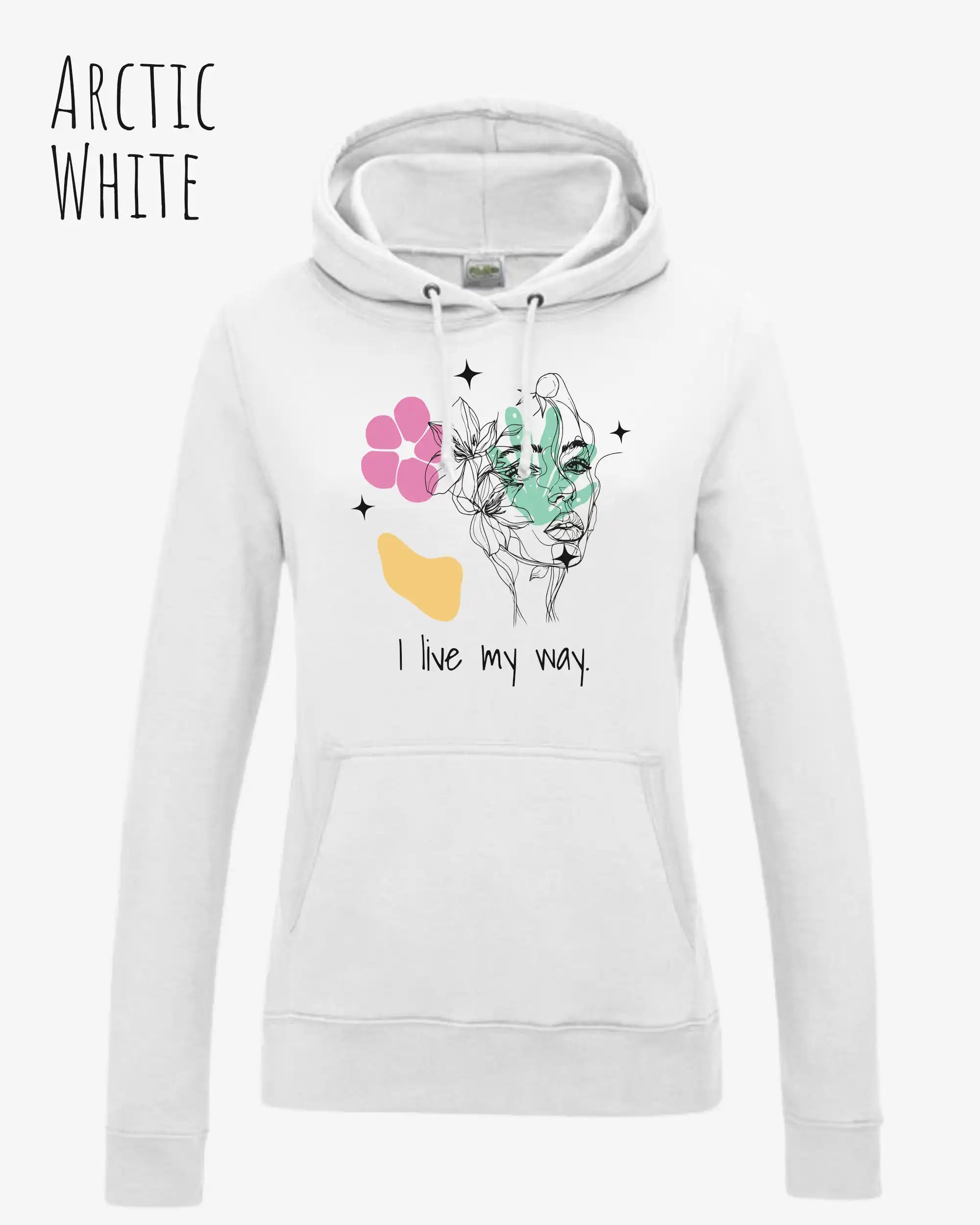 Das Bild zeigt DEN damen design hoodie JH001F von awdis in der Farbe ARCTIC WHITE mit dem STATEMENT I LIVE MY WAY     