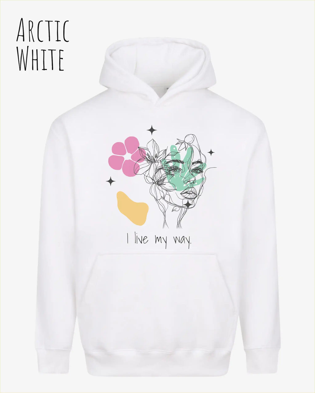 Die Abbildung zeigt den Oversized Design-Hoodie Just Hoods Vision JH111
in der Farbe ARCTIC WHITE mit dem Statement I LIVE MY WAY.