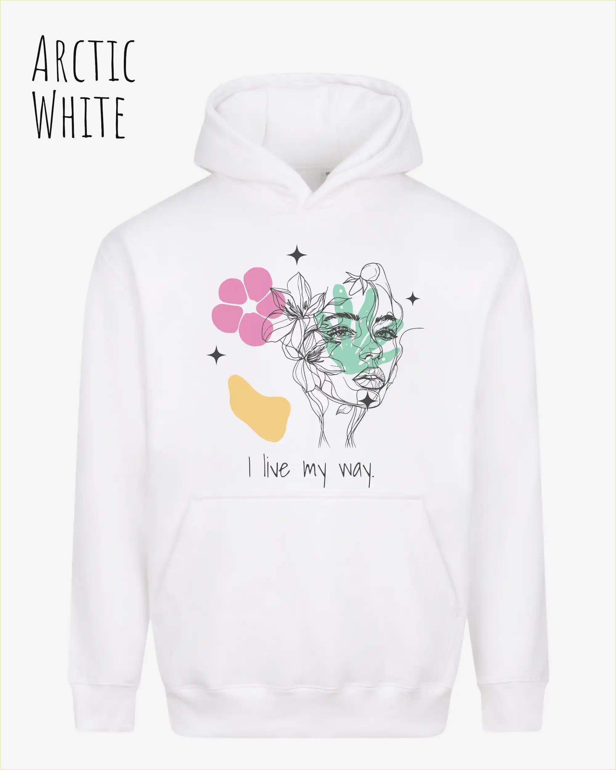 Die Abbildung zeigt den Oversized Design-Hoodie Just Hoods Vision JH111
in der Farbe ARCTIC WHITE mit dem Statement I LIVE MY WAY.