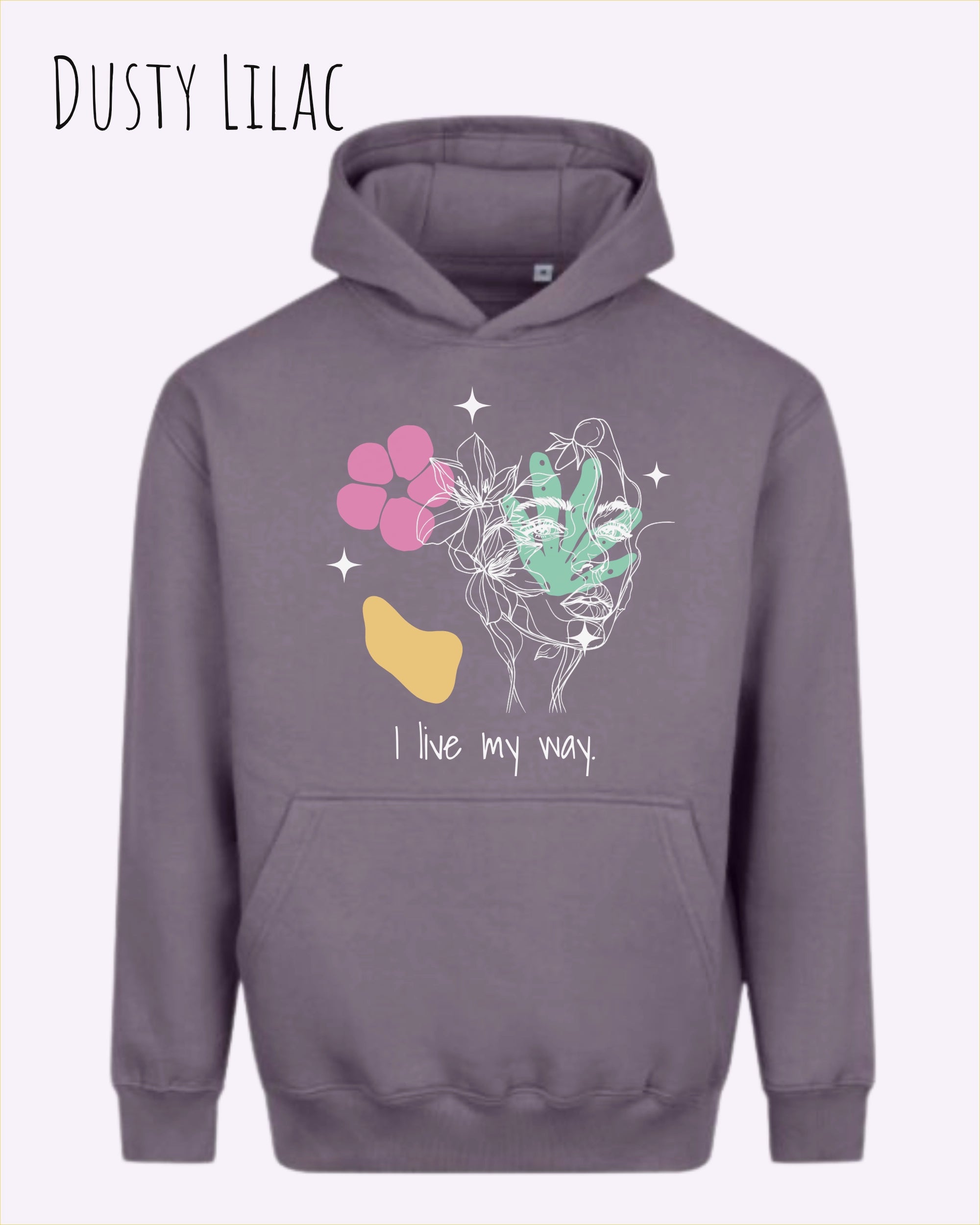 Die Abbildung zeigt den Oversized Design-Hoodie Just Hoods Vision JH111
in der Farbe dusty lilac mit dem Statement I LIVE MY WAY.