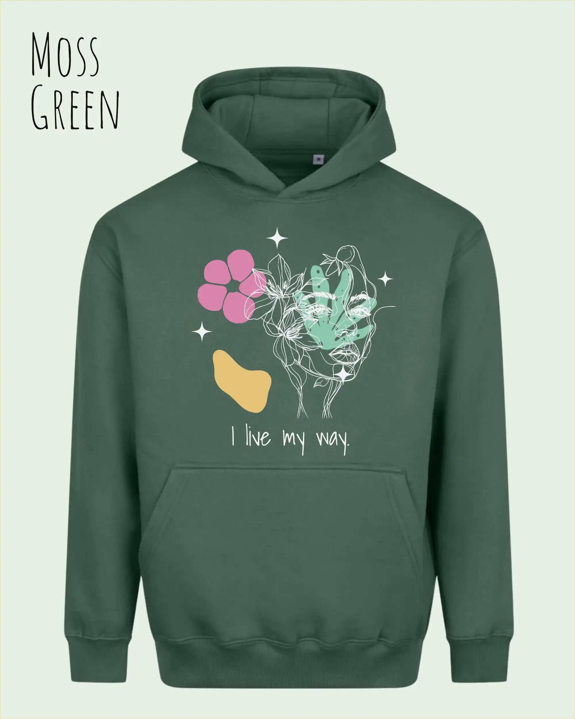 Die Abbildung zeigt den Oversized Design-Hoodie Just Hoods Vision JH111
in der Farbe moss green mit dem Statement I LIVE MY WAY.