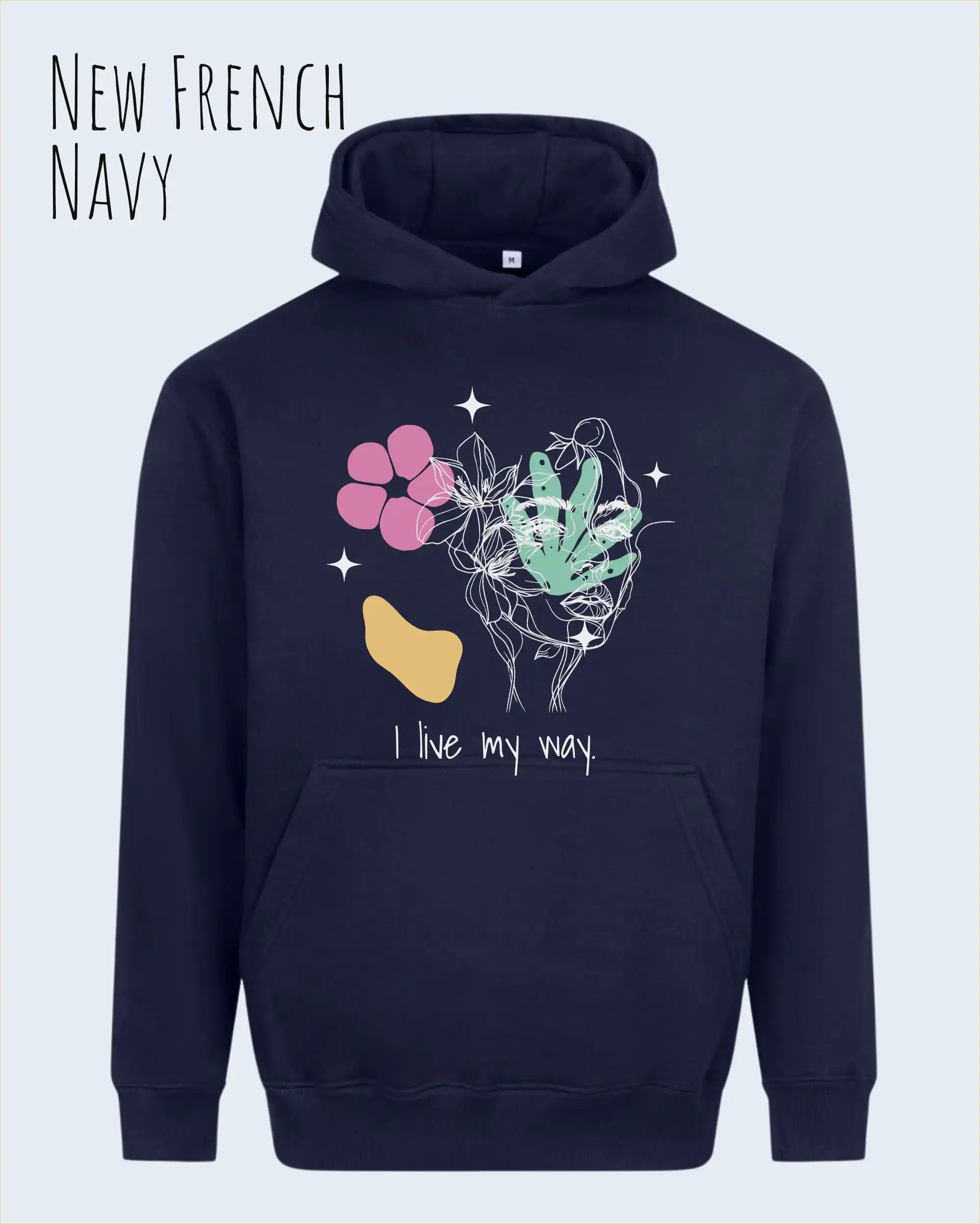 Die Abbildung zeigt den Oversized Design-Hoodie Just Hoods Vision JH111
in der Farbe new French navy mit dem Statement I LIVE MY WAY.