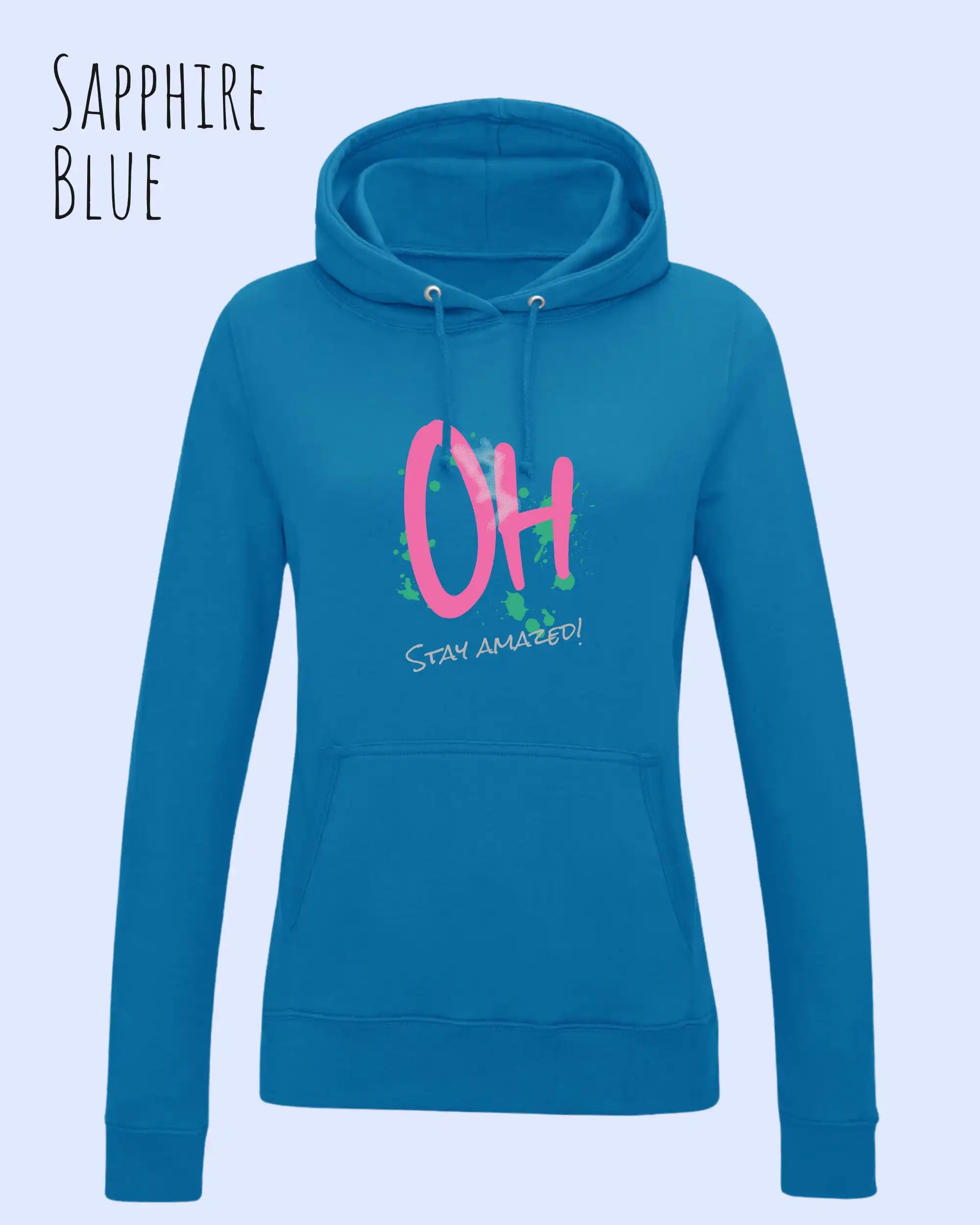 damen hoodie sapphire blue im feminine fit aus weicher baumwollmischung mit design stay amazed