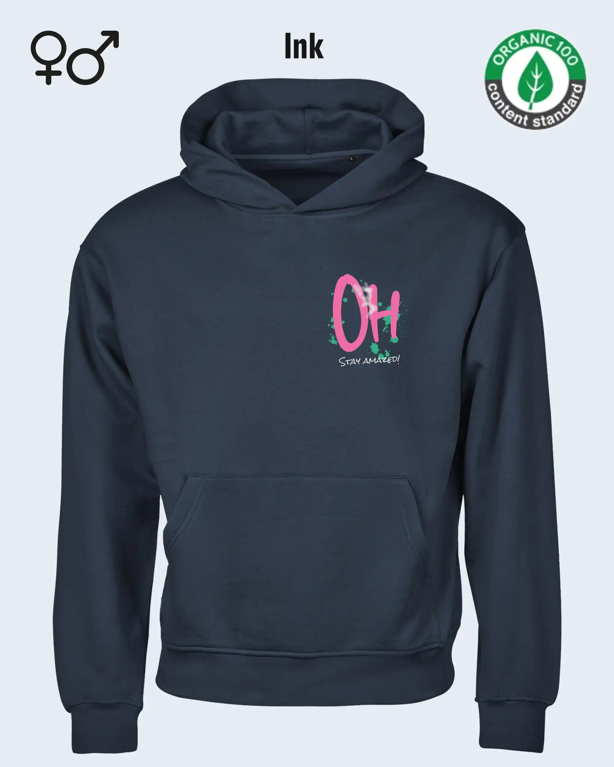 die Abbildung zeigt das Tee Jays Heavy Loose Fit Hooded Sweatshirt 5162  in der farbe ink mit dem motiv "OH - stay amazed!"