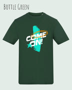 Das Bild zeigt das Unisex Design-T-Shirt AWDis 180 T iin der Farbe bottle green mit dem Motiv Come On!